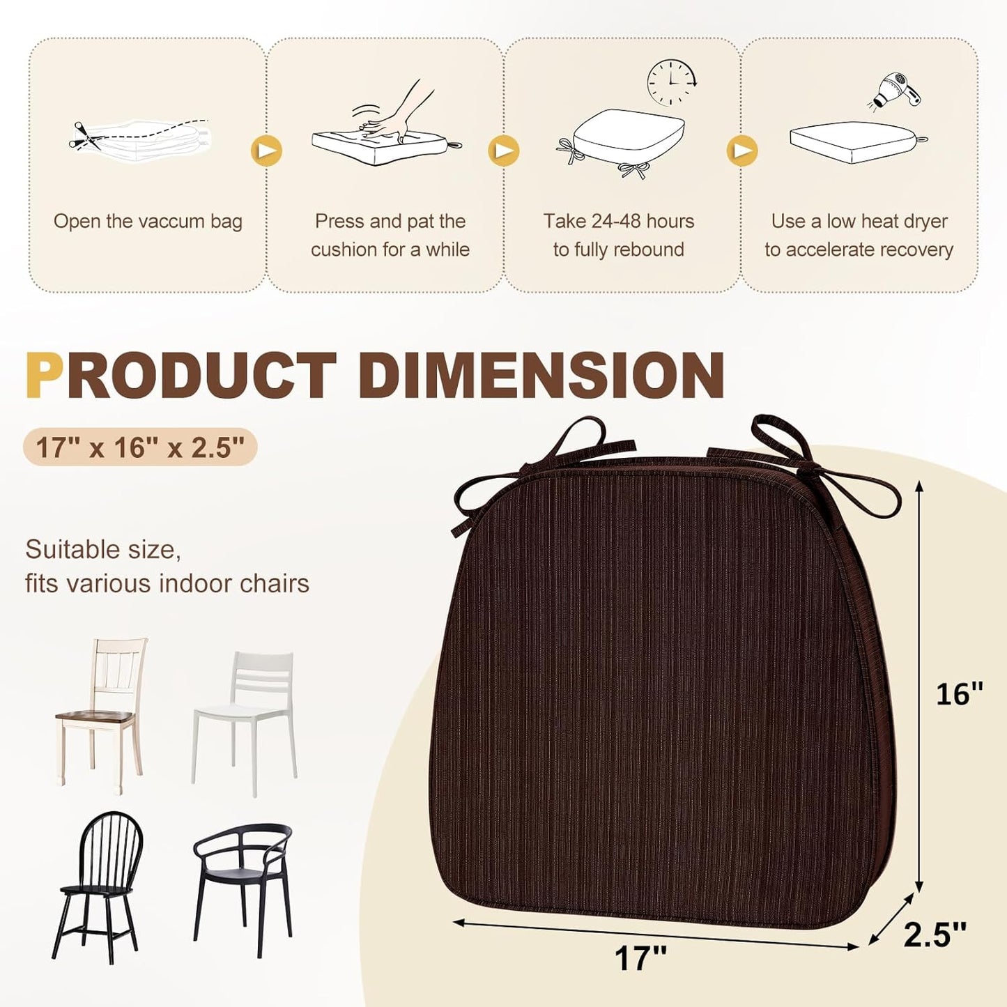 downluxe Chair Cushions for Dining Chairs, Waterproof Kitchen Chair Pads, Non-Slip Dining Seat Cushion with Ties, 17" x 16" x 2.5", Brown, 6 Pack