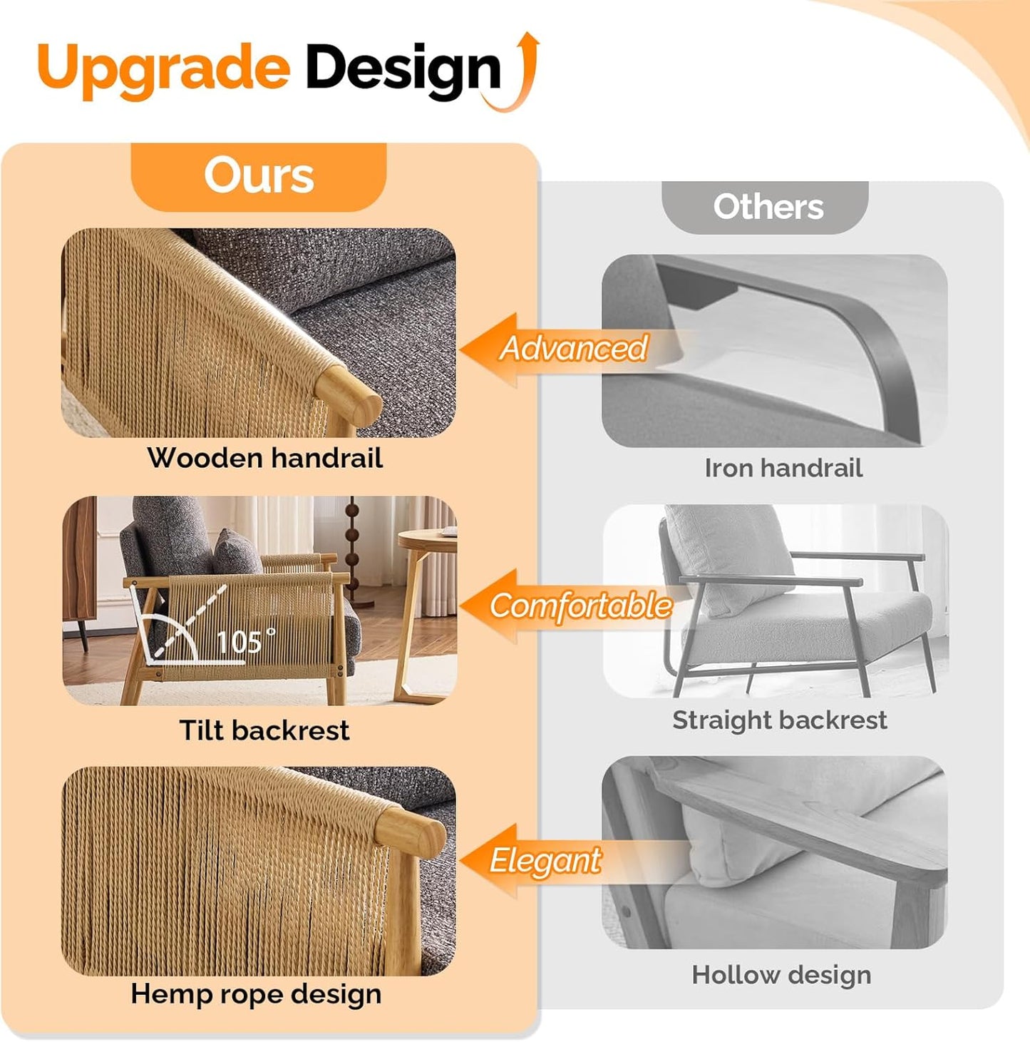 VINGLI Boho Braid Accent Armchairs Set of 2,Mid-Century Modern Chiars with Solid Wooden Armrest,Comfy Louge Cushion Chairs with Waist Pillow for Bedroom,Living Room,Reading Room, Gray