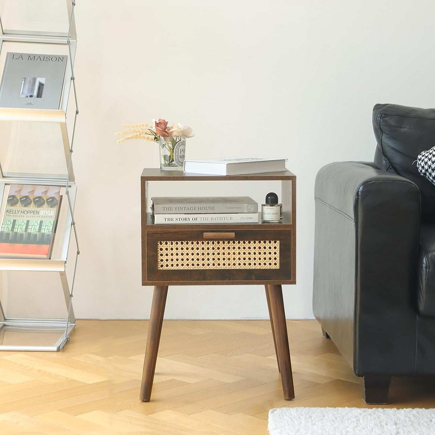 MaxSmeo Small Nightstand with Charging Station, Rattan Side Table Mid Century Modern Bedside Table for Bedroom, Living Room and Small Spaces, Solid Wood Legs (Rustic Brown)