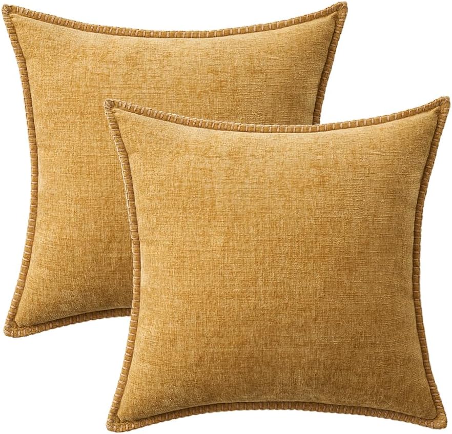 MIULEE Pack of 2 Couch Throw Pillow Covers 16x16 Inch Gold Farmhouse Decorative Pillow Covers with Stitched Edge Soft Chenille Solid Dyed Fall Pillow Covers for Sofa Bed Living Room