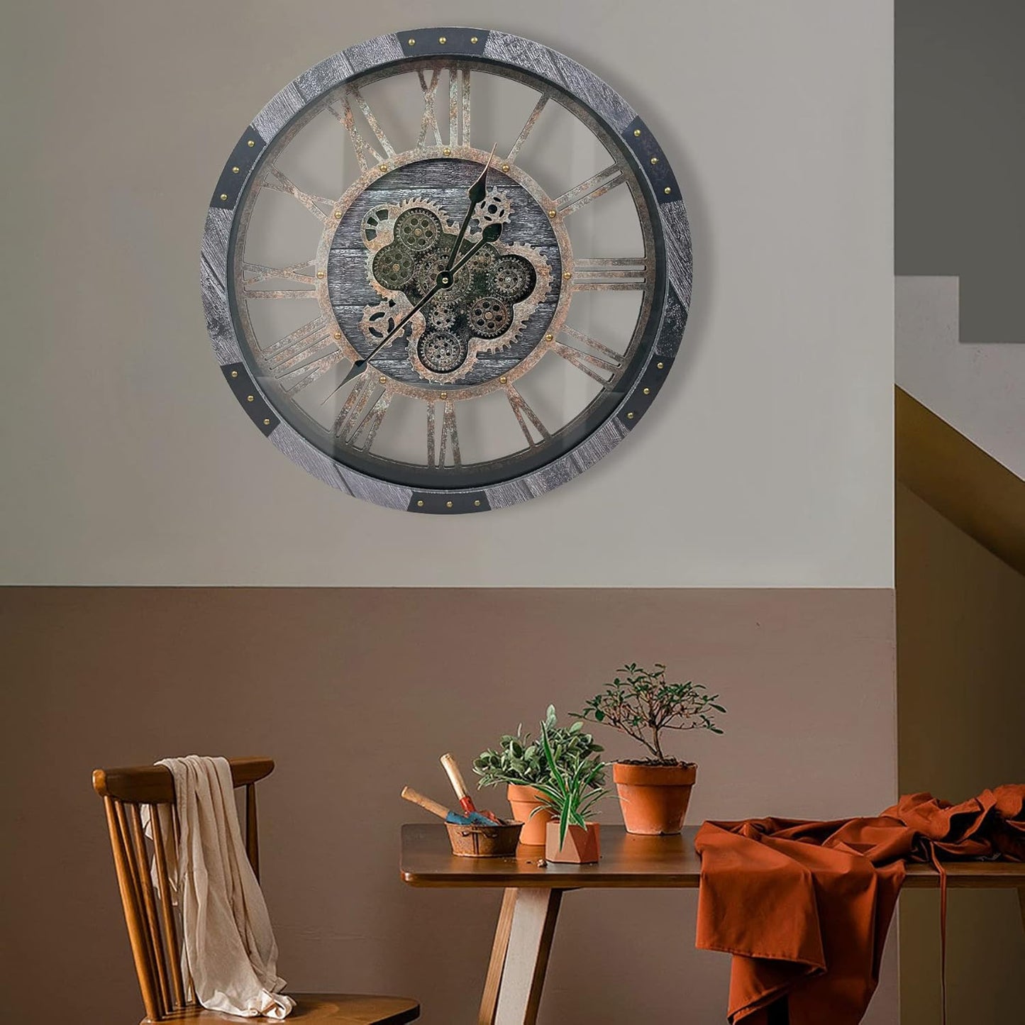 DORBOKER 24" Large Wall Clock with Moving Gears,Oversize Vintage Industrial Rustic Farmhouse Clocks for Living Room Decor Office Home,Solid Wood HD Tempered Glass Cover,Carbon Grey