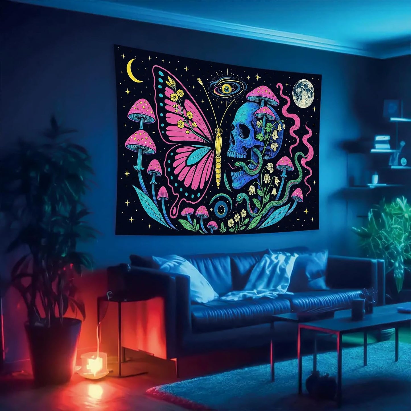 Starlit Patio Butterfly Skull Blacklight Tapestry UV Reactive Wall Hanging Mushrooms Snake and Cosmic Moon for Bedroom Dorm Living Room Glowing Psychedelic Decor Fluorescent Trippy Poster 78 x 59 Inch