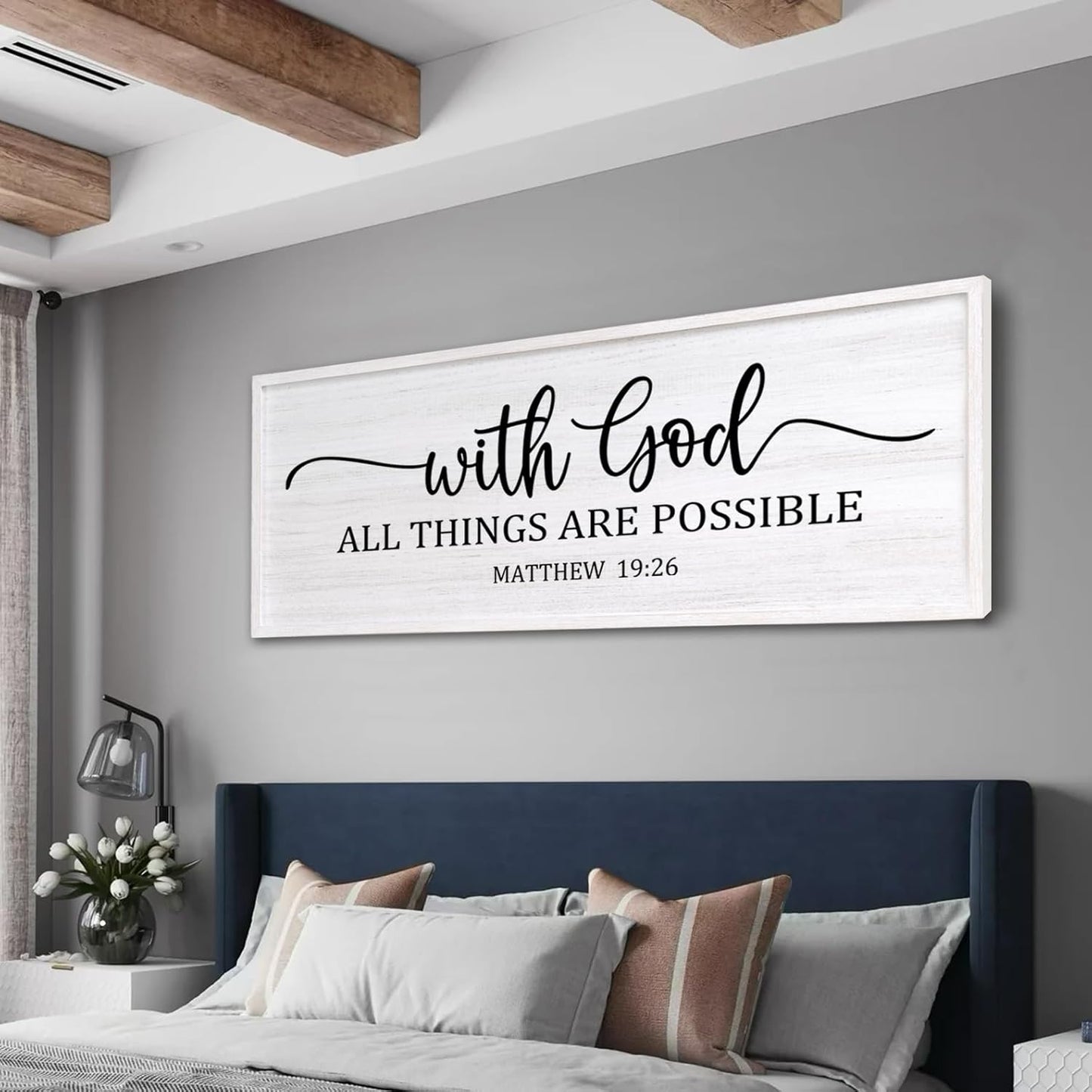 With God All Things are Possible Framed Wall Art, 40''×15'' White Holy Religious Rustic Bible Verse for Christian God Jesus Christ Prayer, Positive Horizontal Inspirational Catholic Scripture Decor
