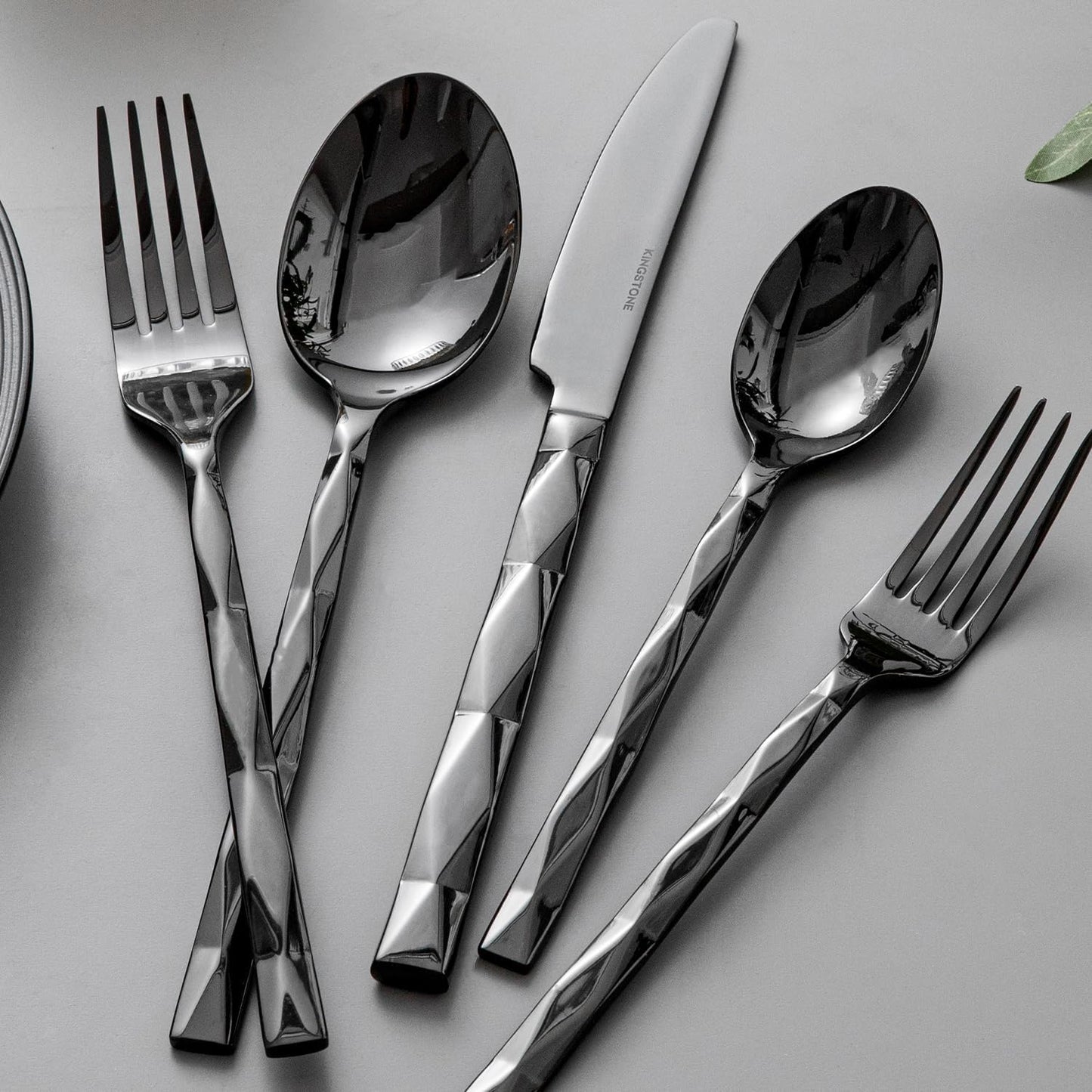 KINGSTONE Black Silverware Set, Luxury 20 Piece Flatware Set for 4, 18/10 Stainless Steel Cutlery Set with Diamond Cut Pattern for Kitchen, Home, Wedding, Party, Mirror Polished and Dishwasher Safe
