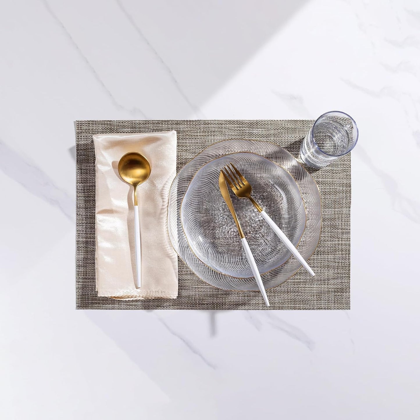 LEXMORE Placemats Set of 12 Vinyl/Plastic Woven Place Mats for Kitchen Table Indoor/Outdoor Washable Placemat Wipeable Dining Table Mats(A-Cappuccino)