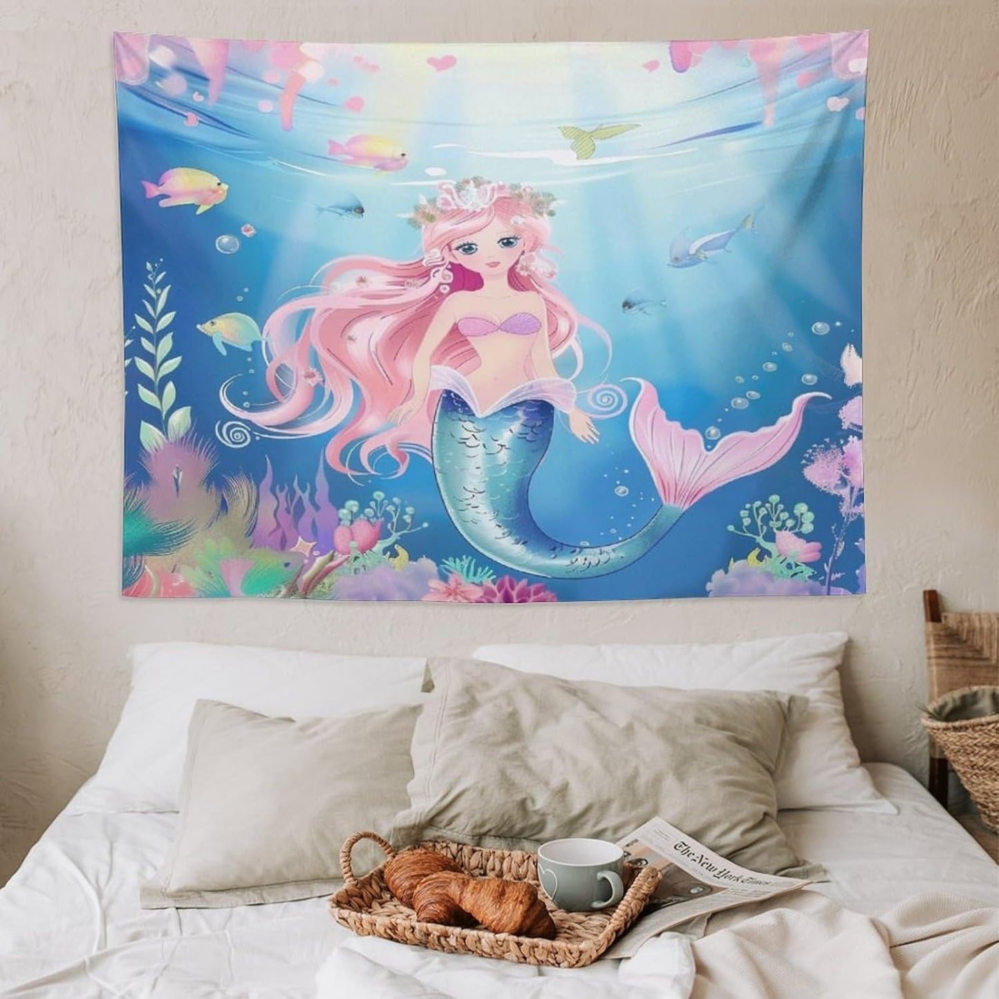 HZOHNAGO Mermaid Girls Tapestry Watercolor Mermaid Princess Pattern Printed Wall Tapestry Wall Hanging for Bedroom Living Room Dorm 80" W x 60" H