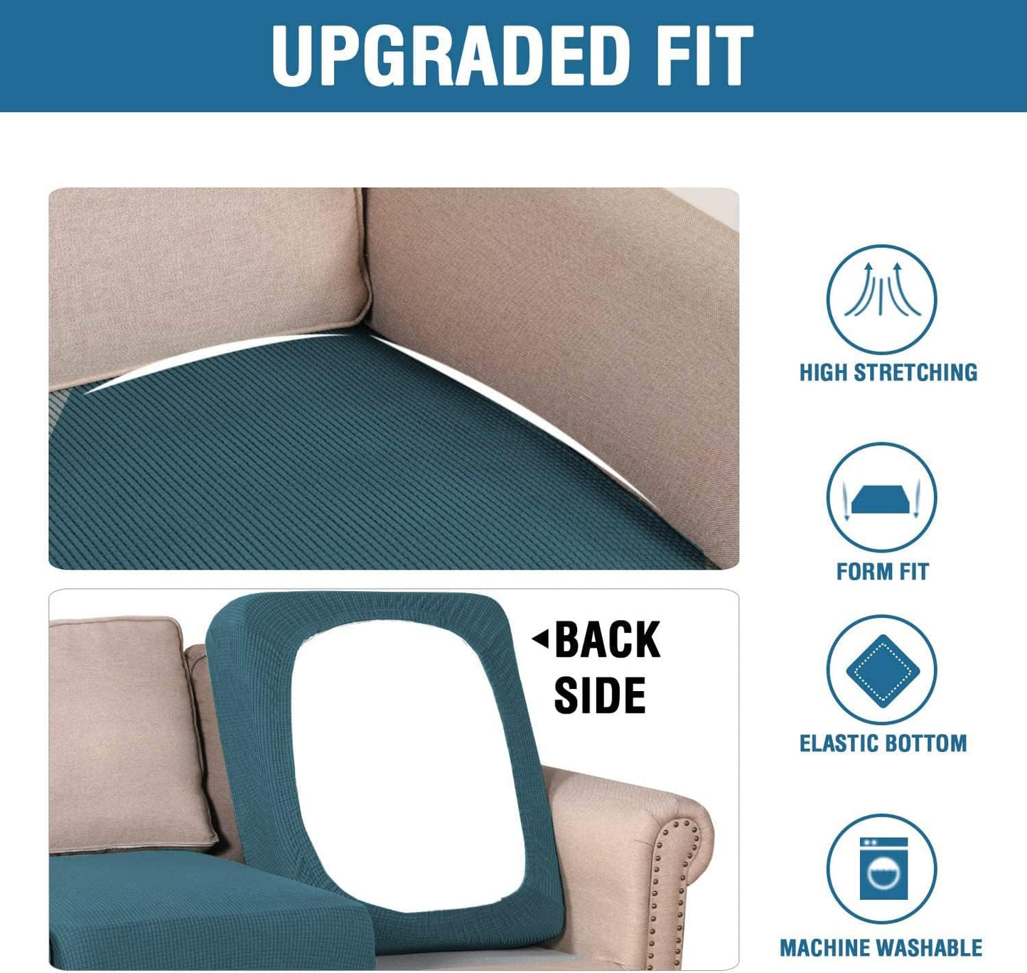 H.VERSAILTEX Super Stretch Individual Seat Cushion Covers - Sofa & Couch Cushion Slipcover Sets - Thick Jacquard Textured Twill Fabric (3 Piece XL Sofa Cushion Covers, Deep Teal)