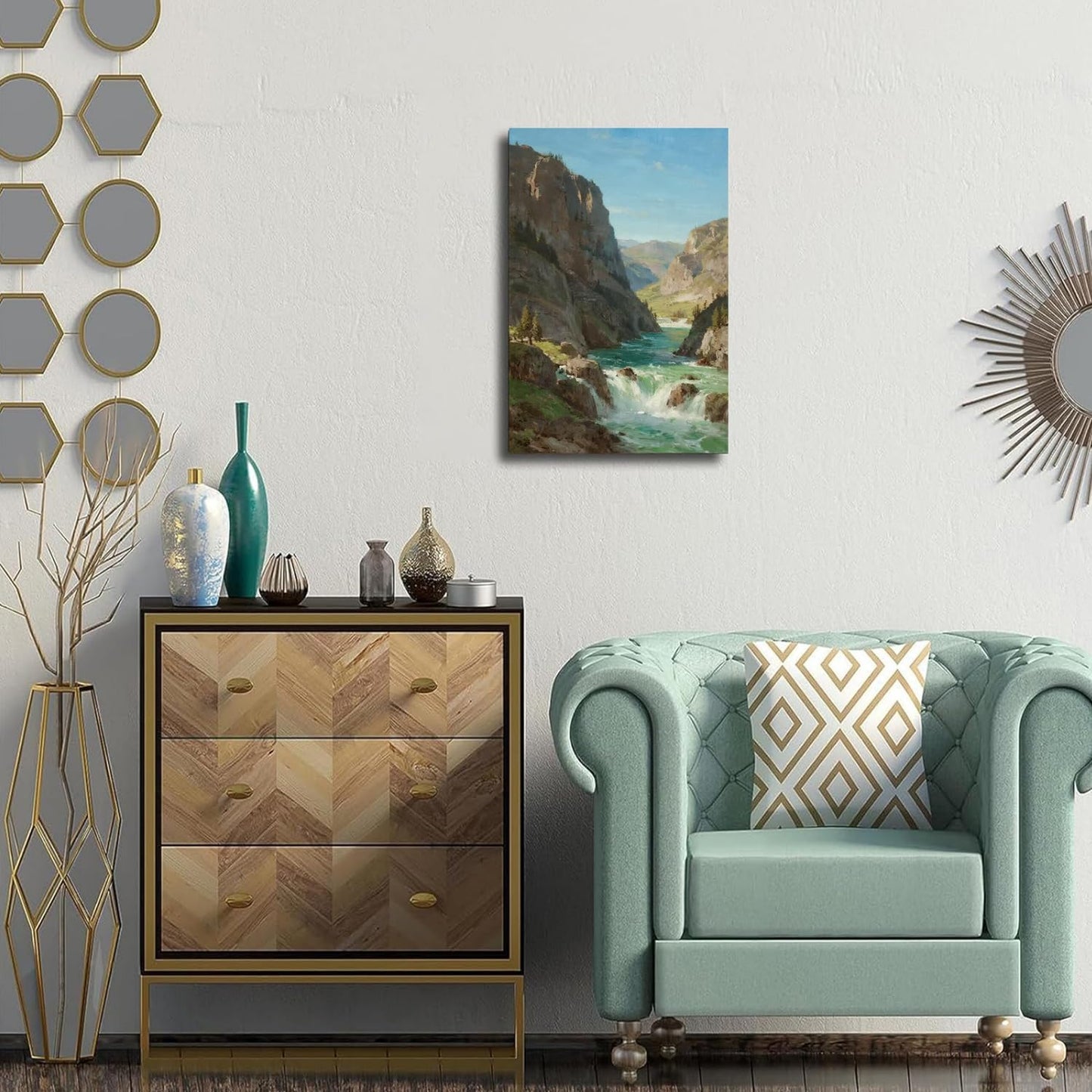 Natural mountain stream scenery poster suitable for bedroom beautiful blue sky flowing river scenery suitable for living room dormitory office