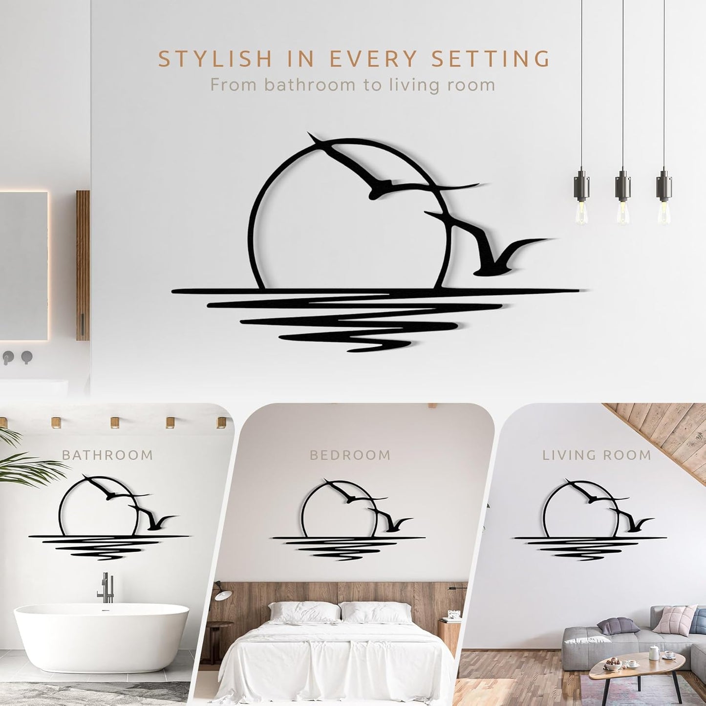 Wita Home Sunset with Seagulls Metal Wall Mounted Art, Handcrafted Metal Home Decor with Static Powder Coating, Eye-Catching Addition to Living Room Decor, Modern Beach Decor for Indoor and Outdoor Spaces, Perfect Housewarming Gift (32 x 16 inches)