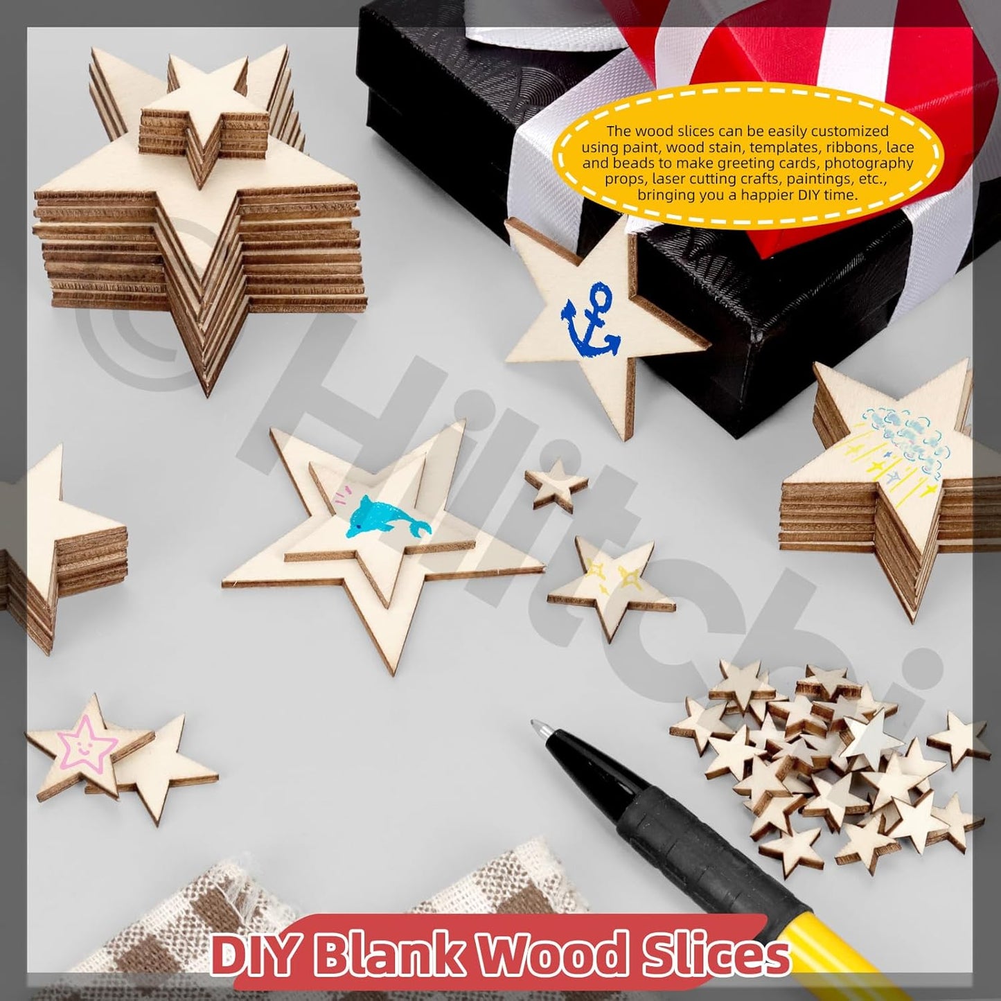 Hilitchi 300Pcs 5Sizes Unfinished Wooden Stars Wood Stars Craft Unfinished Wooden Stars Ornanents Wooden Stars Shape Blank Wood Ornaments Cutout Blank Wood for DIY Art Crafts Home Decorations