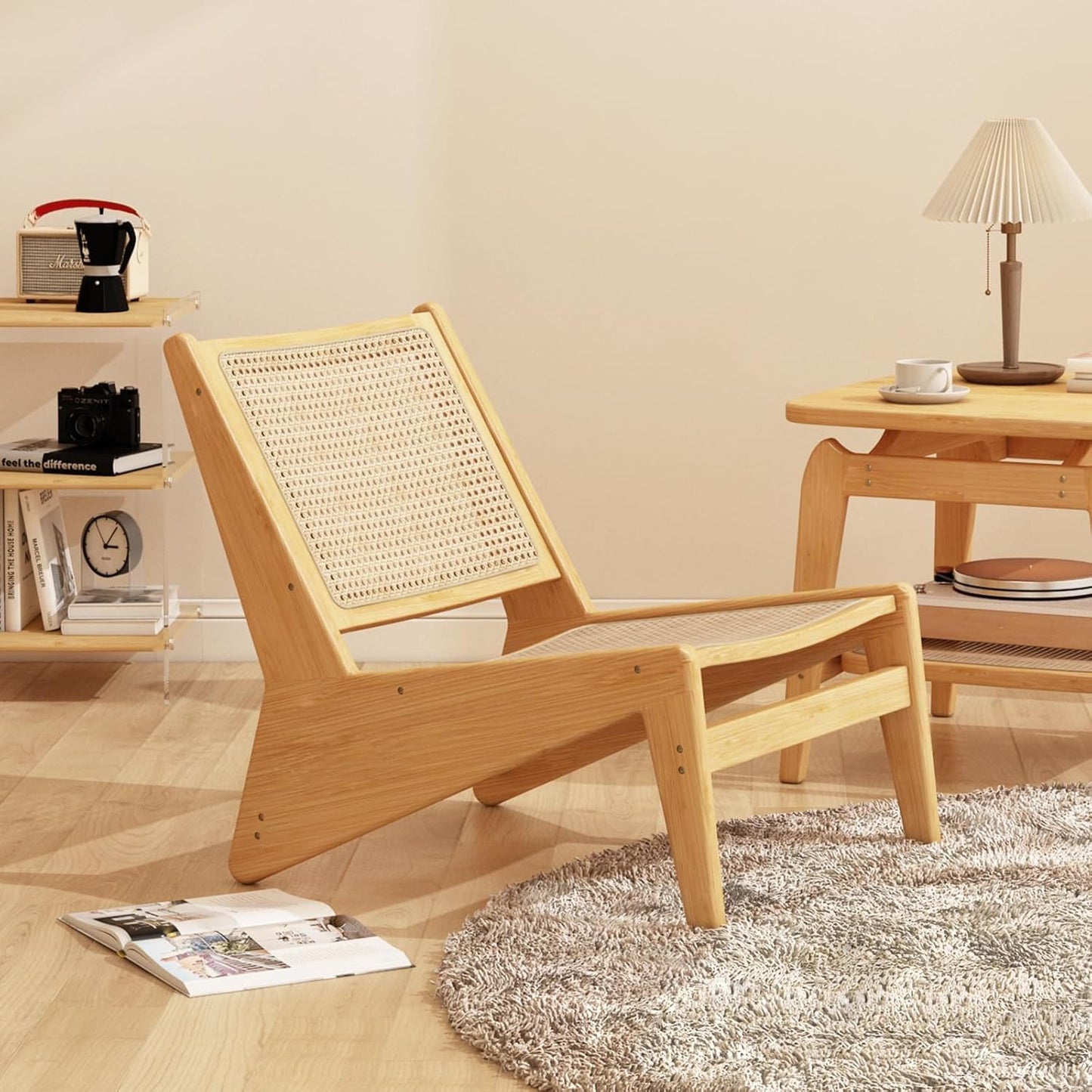 Rattan Chair 2Pcs, Mid Century Modern Accent Chair, Leisurely Reading Chair for Living Room(Wood)