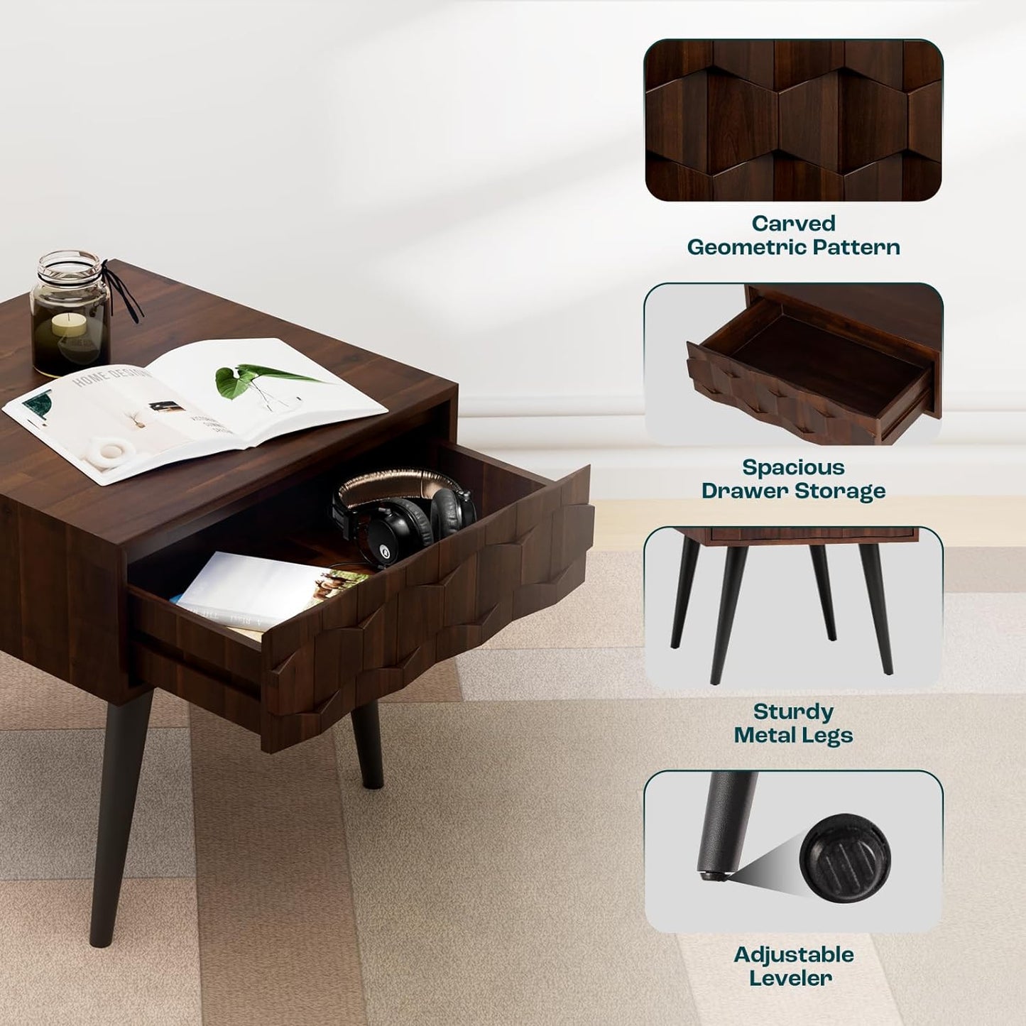 Bme Georgina Solid Wood Nightstands with Drawers - Fully Assembled Rustic Geometric Pattern Bedside Cabinet - Mid Century Modern Side Table for Living Room, Bedroom