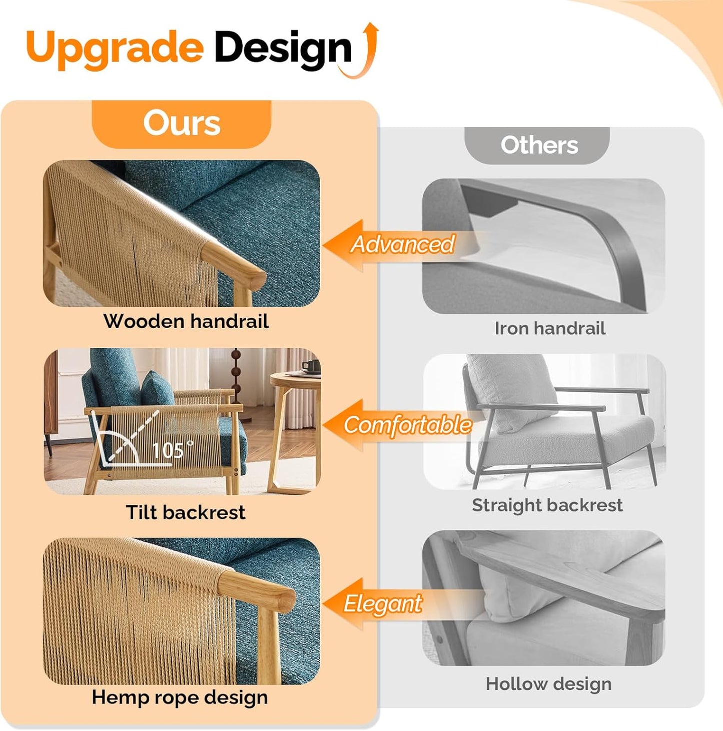 VINGLI Boho Braid Accent Armchair,Mid-Century Modern Chiar with Solid Wooden Armrest,Comfy Louge Cushion Chair with Waist Pillow for Bedroom,Living Room,Reading Room, Teal