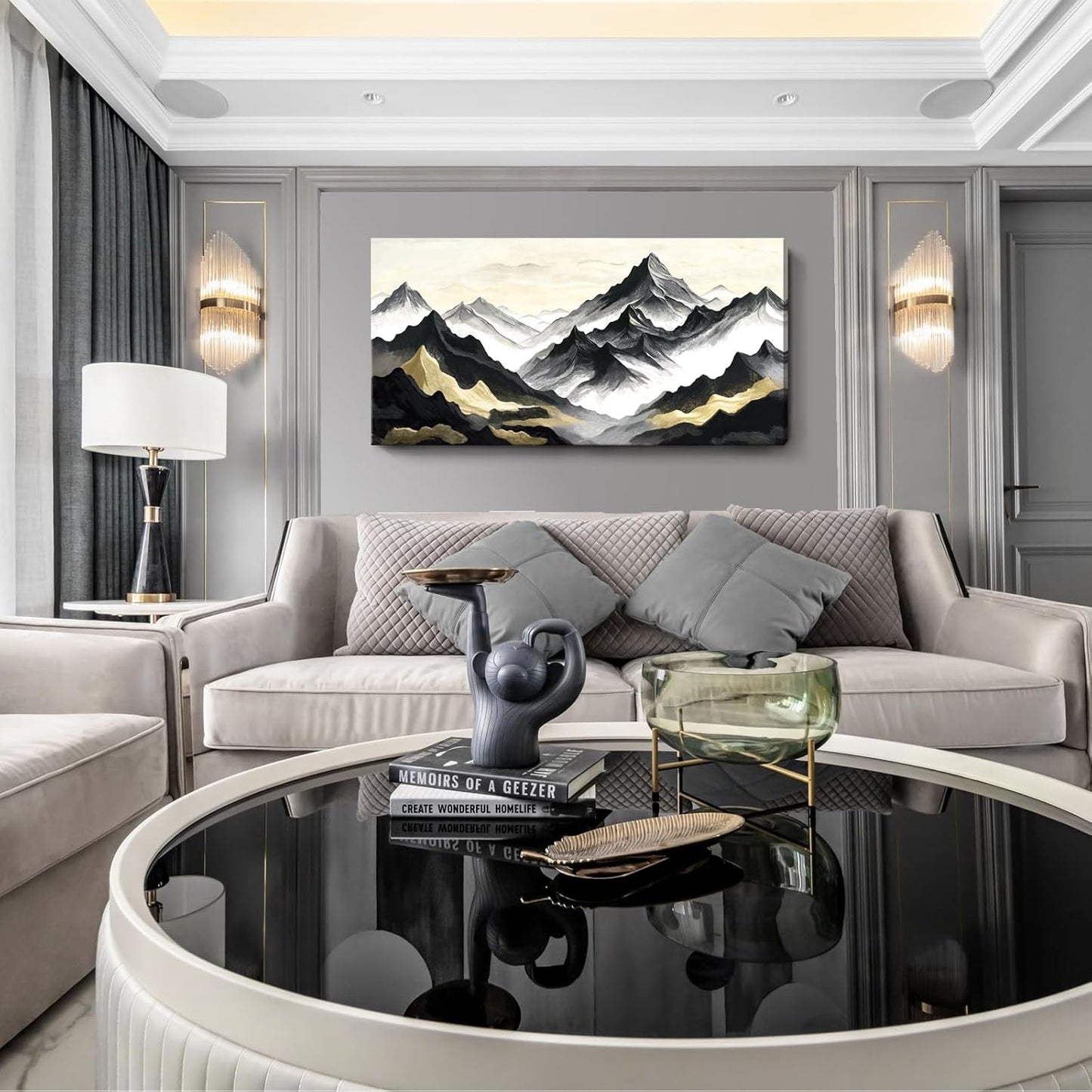 amatop Large Abstract Mountain Wall Art for Living Room Office Bedroom Modern Landscape Canvas Art Print Inspirational Artwork Horizontal Black Gold and White Nature Picture Wall Decor 48x24 Inch