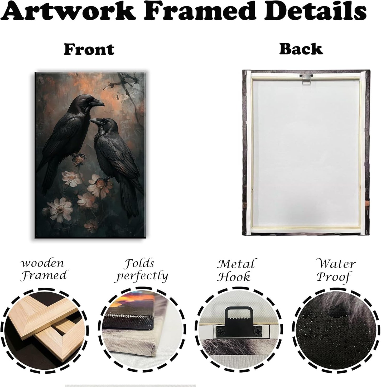 OAAPITI Birds Canvas Wall Art Black Couple Crow Picture Print Vintage Gothic Raven Artwork for Living Room Halloween Home Wall Decor(Artwork-7,12"x18")