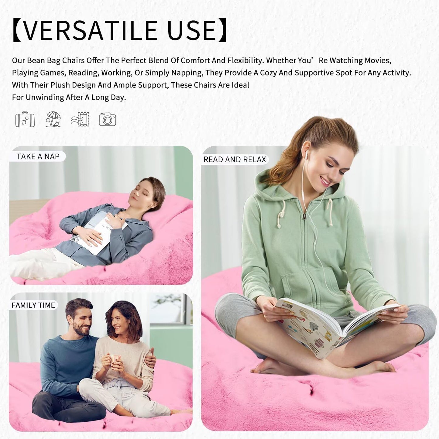 Bean Bag Chair for Adults 4FT,Soft Removable Cover for Teens/Girls Bedroom,Fluffy Giant Round Floor Beanbag Lounger Chairs (No Filler,Pink)