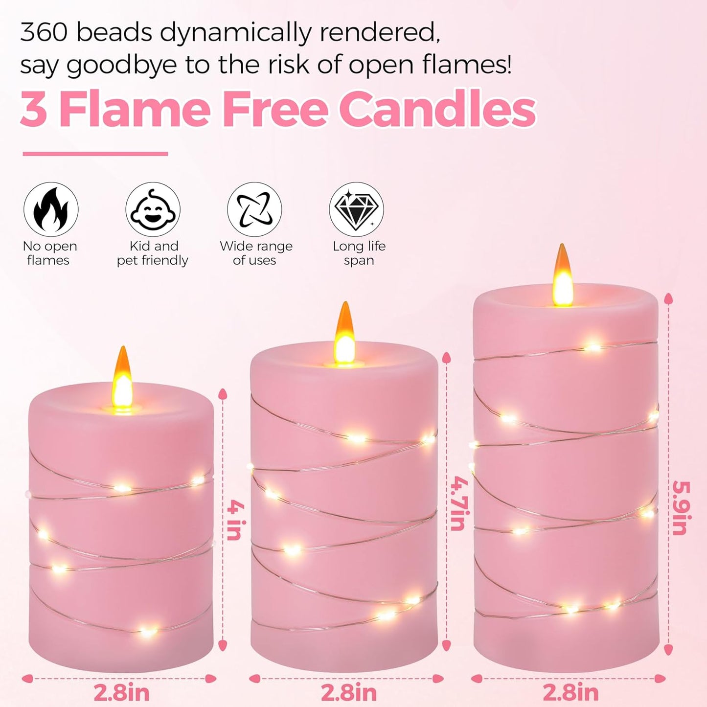 Rose Pink Flameless Candles with String Lights Battery Operated Flickering LED Pillar Candles 4‘’ 5‘’ 6‘’ Candle with Remote Control, Set of 3