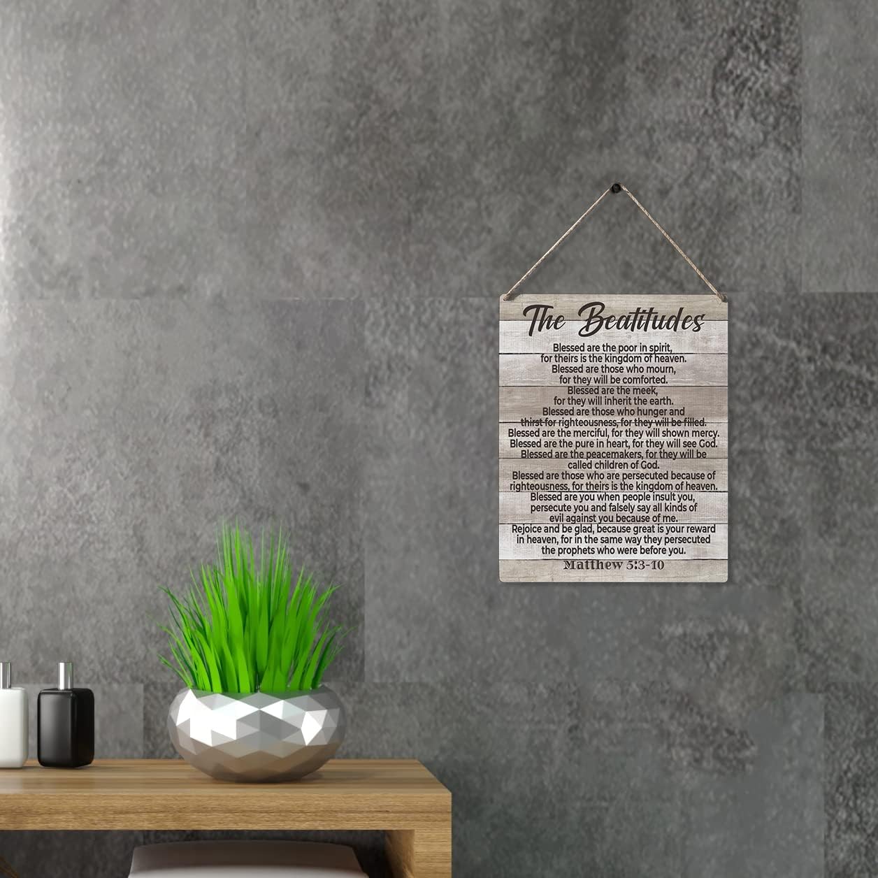 Inspirational Bible Gift Signs the Beatitudes Blessed are the Poor in Spirit for Theirs is the Kingdom of Heaven Wooden Hanging Sign Religious Scripture Art Wall Home Decoration 10 x 8 Inches