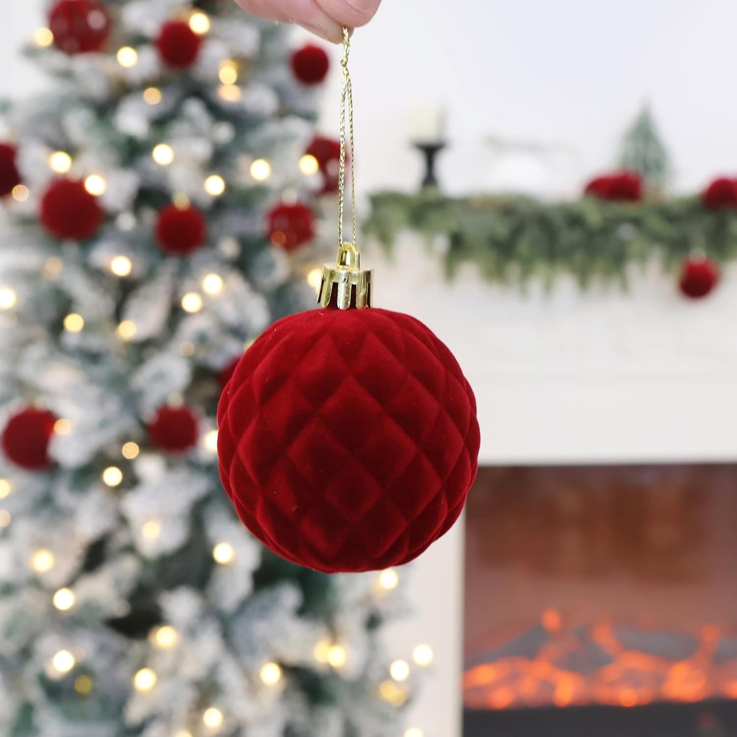 Senjie 36 PCS Velvet Ornaments Balls Sets for Christmas Tree Red Flocked Christmas Balls Assortment for Xmas Tree Holiday Decor