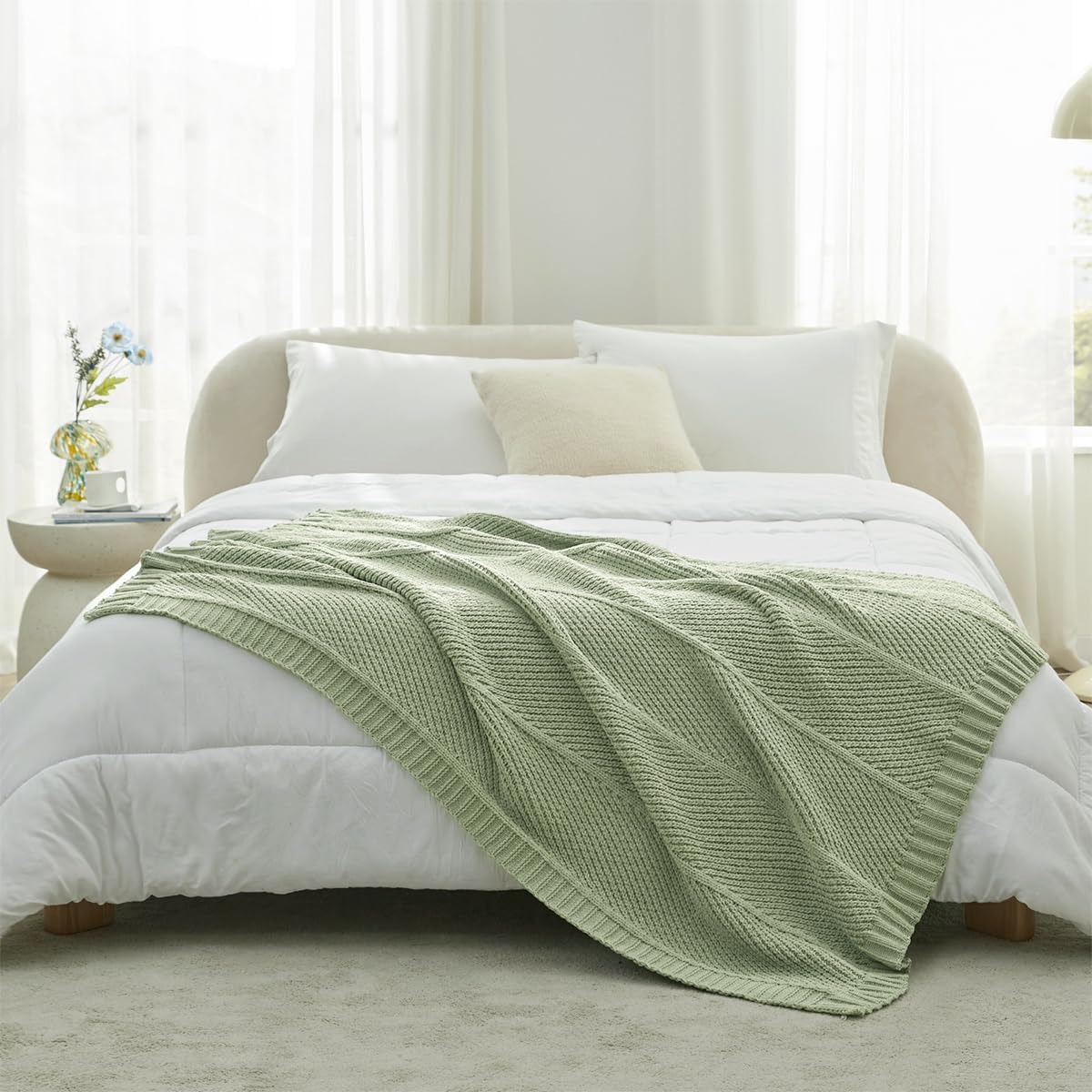 Amélie Home Chenille Knit Throw Blanket for Couch, Chevron Texture Decorative Soft Blanket for Sofa, Bed & Chair, 60"x80", Sage Green