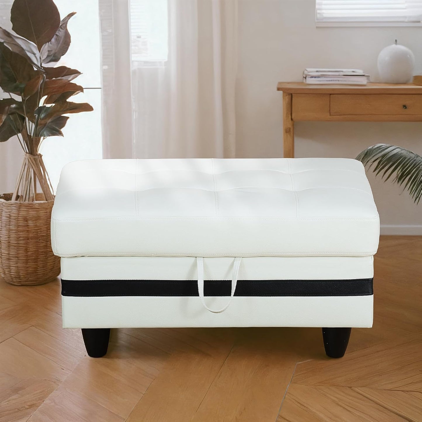 Ottoman Rectangular Storage Ottoman Bench, Faux Leather Footrest, Coffee Table, Stool Footstool with Hinged Lid for Living Room, Bedroom, Entryway, White with Black Strip, 35"x23.5"x17.5"