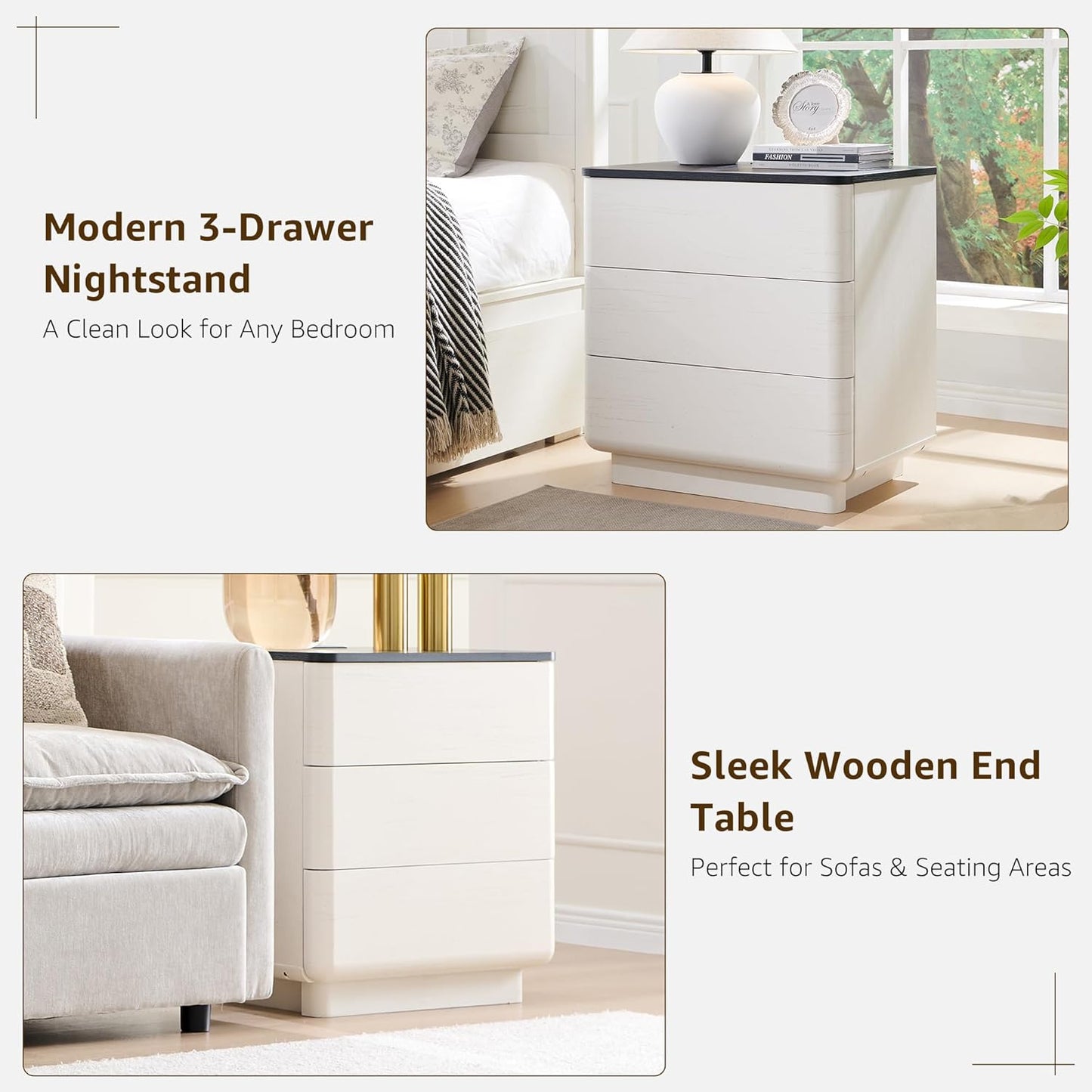 JXQTLINGMU 22" Modern Nightstand with Charging Station, Large Push-to-Open End Table, Wood Bedside Table w/Curved Profile Design, Handleless 3 Drawer Night Stand for Bedroom, Living Room, Off White