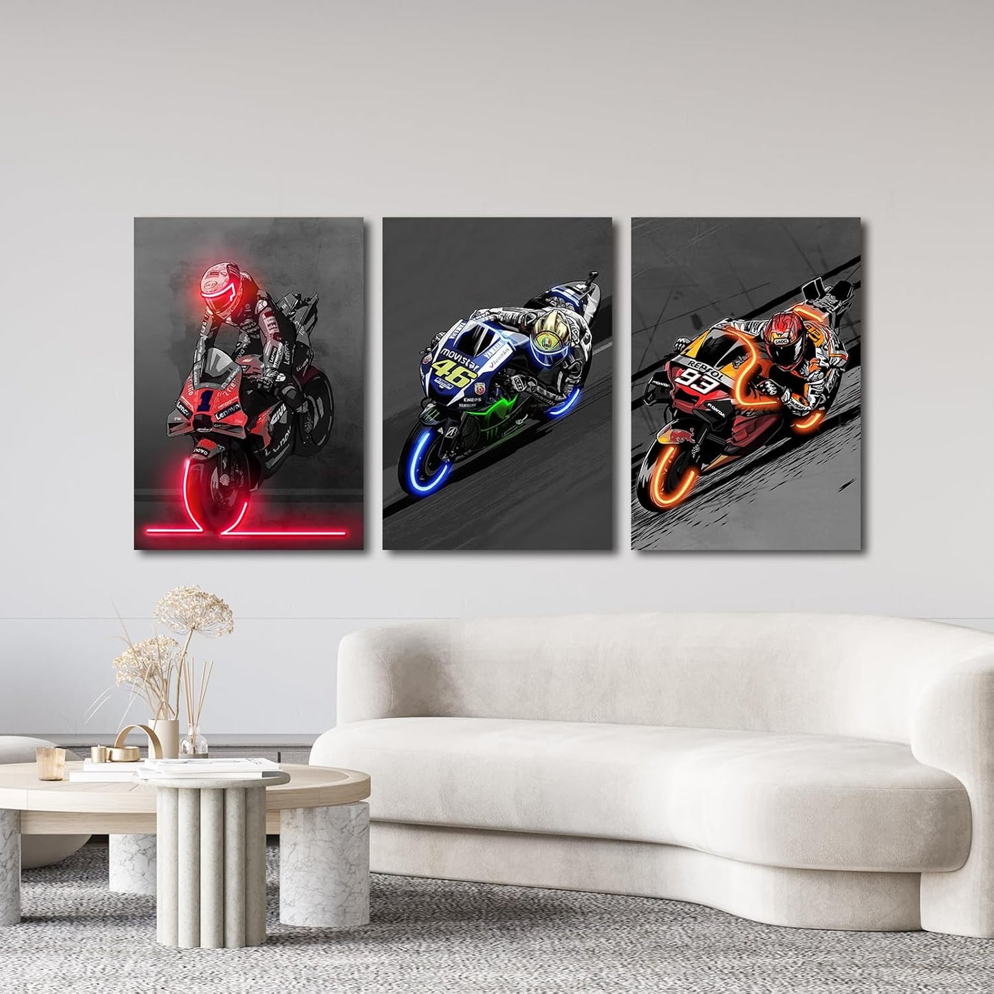 Sorventina Motorcycle Wall Art - 3-Piece Racing Sports Decor Prints, Neon Style, 16x24 Inches Wrapped Canvas, Non-LED - Modern Artwork for Living Room, Bedroom, Garage, Man Cave, or Office Decoration