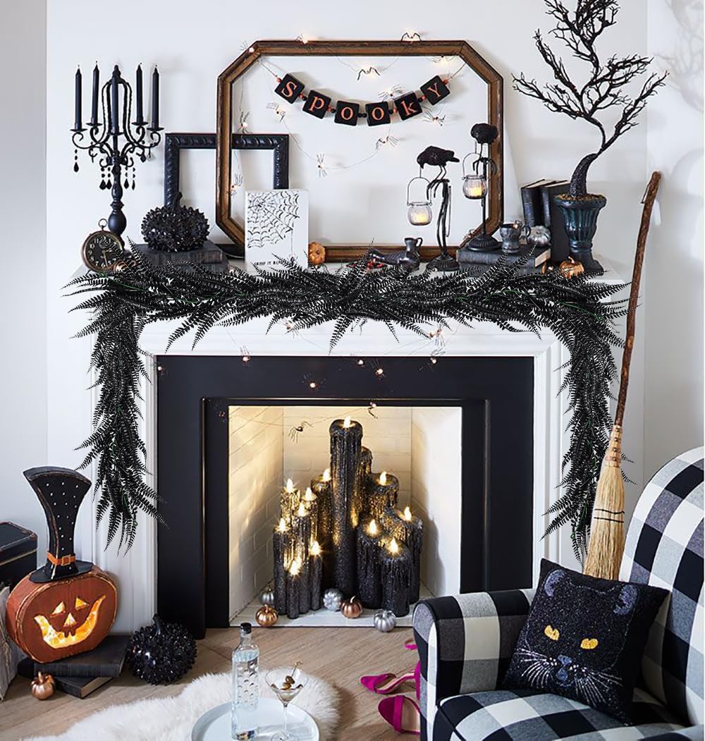 RECUTMS 2pcs Black Garland Artificial Hanging Plants 6 FT Boston Faux Ferns Garland Halloween Thanksgiving Party Outdoor Indoor Decor for Home