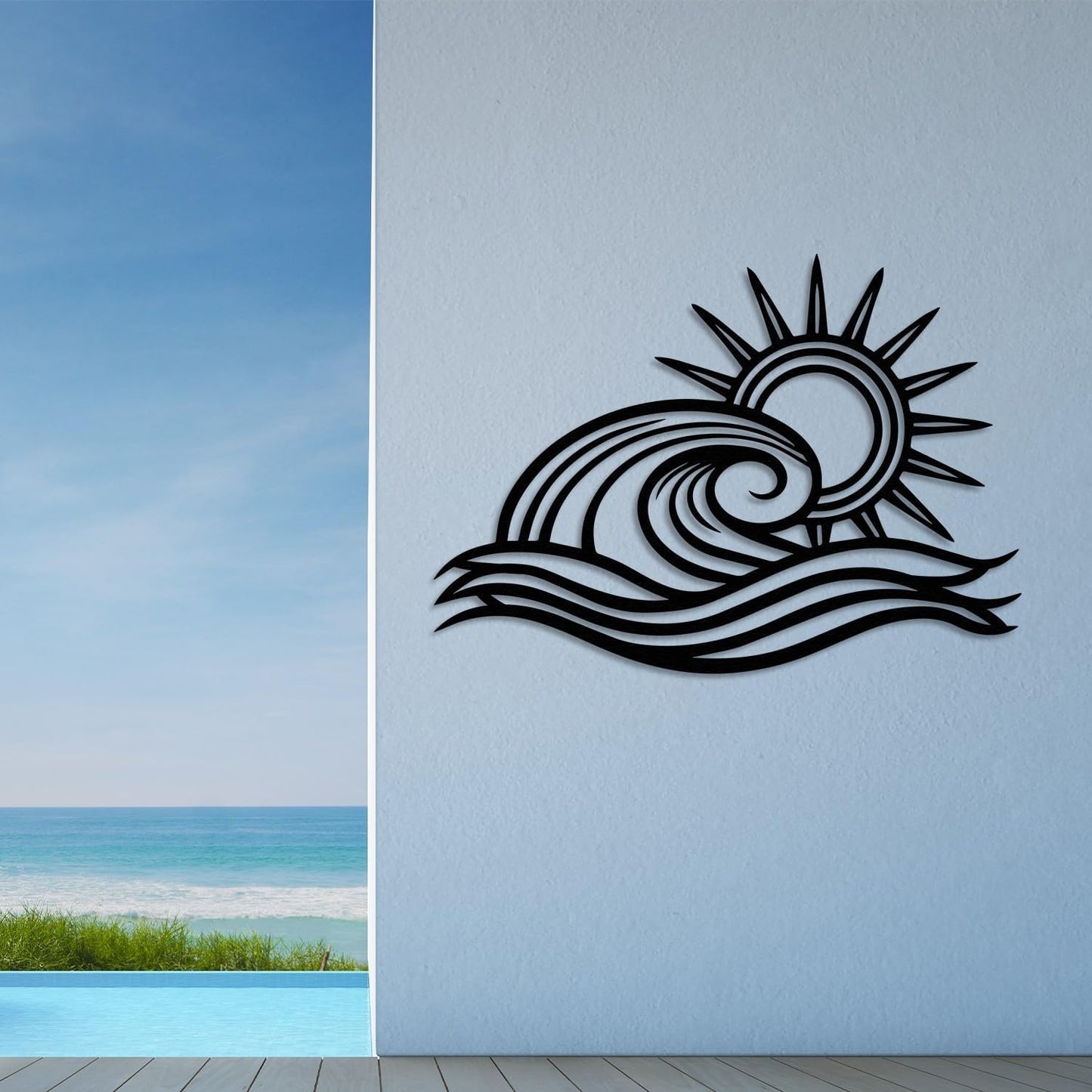 Wita Home Ocean Wave Metal Wall Art, Sun Beach Decor, Coastal Large Wall Sculpture for Home, Indoor/Outdoor Use, Nautical Wall Hanging, Eye-Catching Addition to Living Room (Gold, 24 x 14 inches)