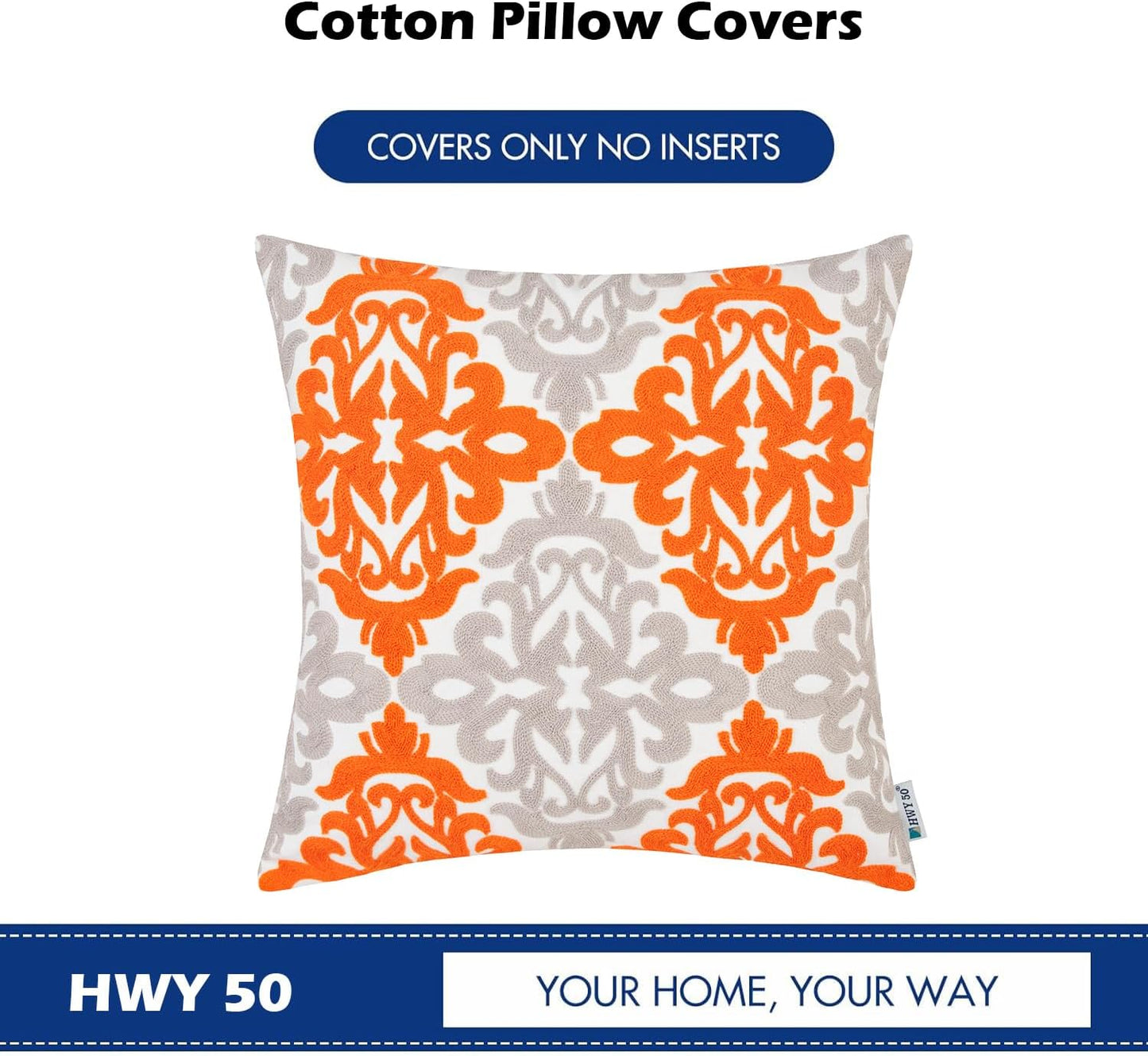 HWY 50 Orange Fall Decorative Throw Pillow Covers 18x18 Inch (1 Piece), Embroidered Cotton Farmhouse Cushion Cover Pillow Case for Sofa Couch Living Room Bed Bedroon, Floral Geometric