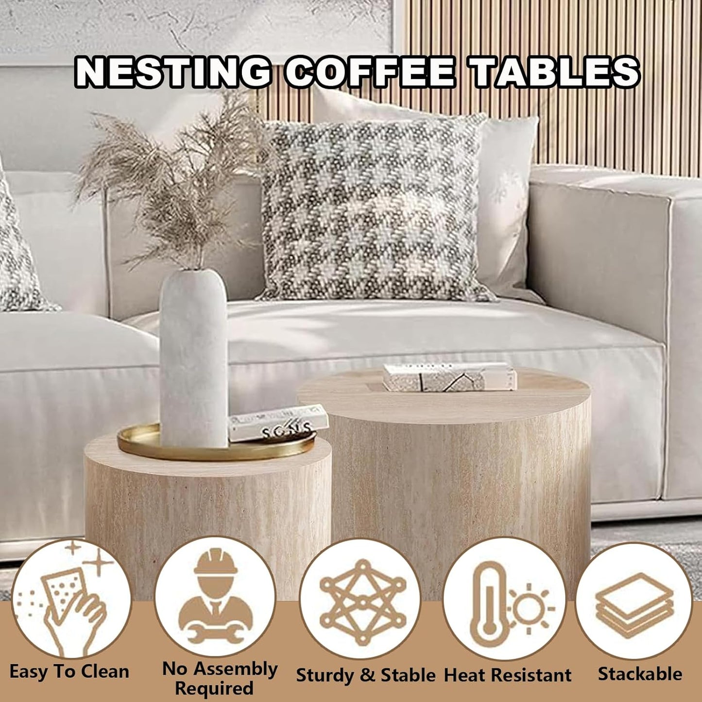 Nesting Coffee Table Set of 2 Modern Small Round Coffee Table and End Table Sets Wooden Drum Side Tables Circle Accent Center Tables for Living Room Apartment,No Assembly,Travertine