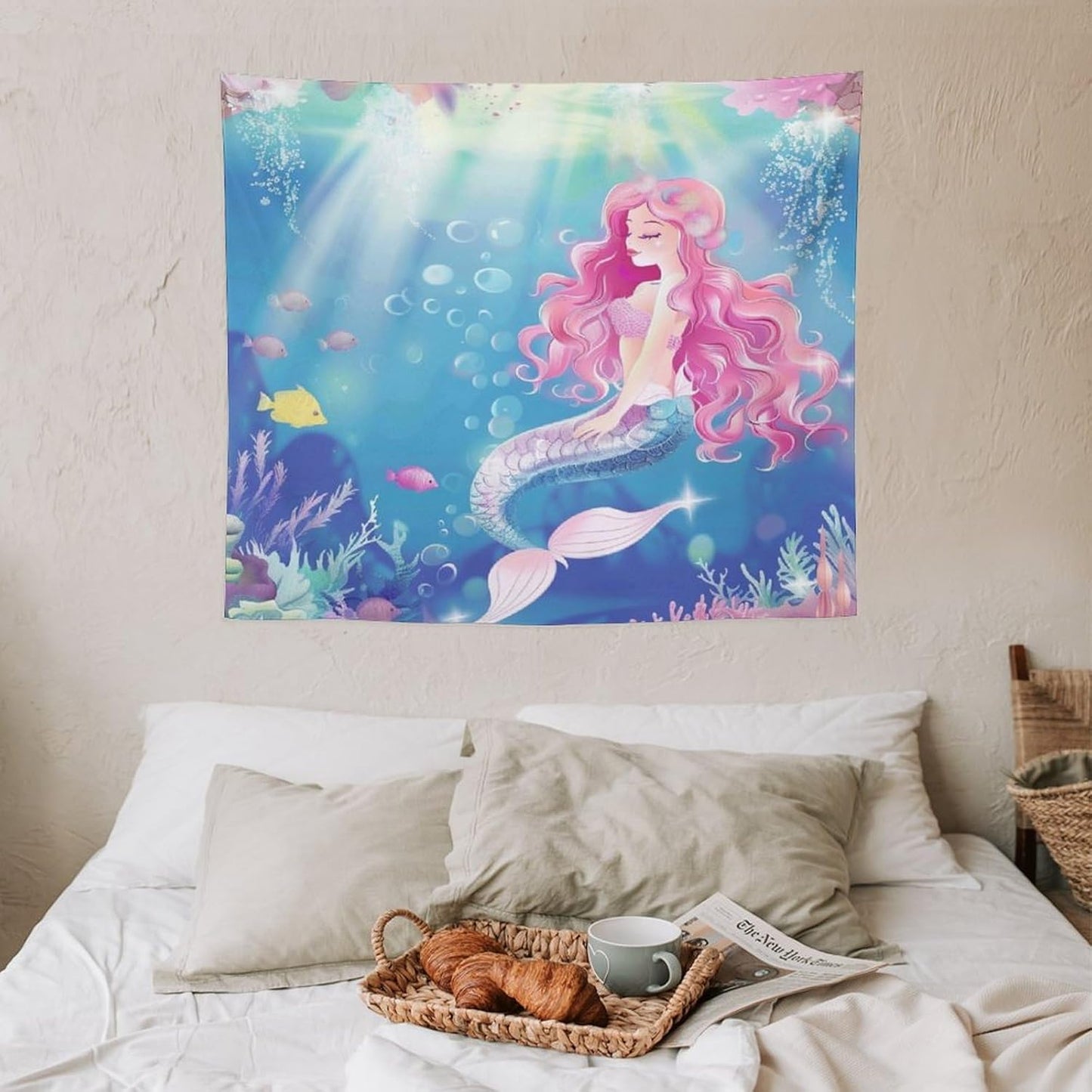 HZOHNAGO Mermaid Girls Tapestry Watercolor Mermaid Princess Pink Hair Pattern for Kids Room Decoration Printed Wall Tapestry Wall Hanging for Bedroom Living Room Dorm 60" W x 50" H