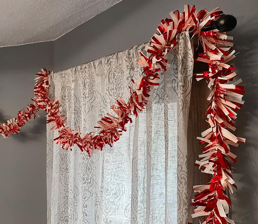 Anderson's Red & White Sparkle Glitter Metallic Tinsel Twist for Trailer Or Golf Cart, 4 inches Wide x 25 ft Long, Christmas, Birthday, Patriotic and Holiday Garland Decor for Parties and Parades