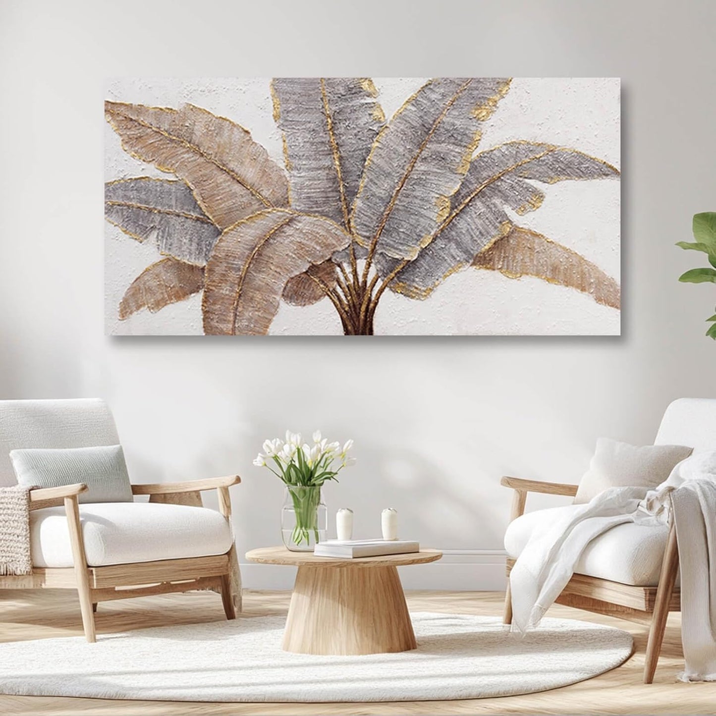 White and Gold Canvas Wall Decor Textured Wall Art Leaves Artwork for Living Room Office Contemporary Art Plant Picture for Home 29x58 Inch