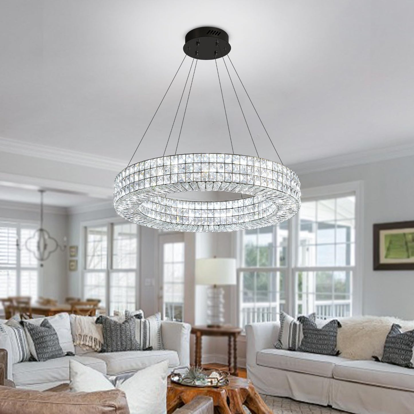 Dia 24" Modern Crystal Chandelier Black Ring Chandelier Adjustable Height Luxury Crystal Pendant Ceiling Light Fixture for Dining Living Room Bedroom