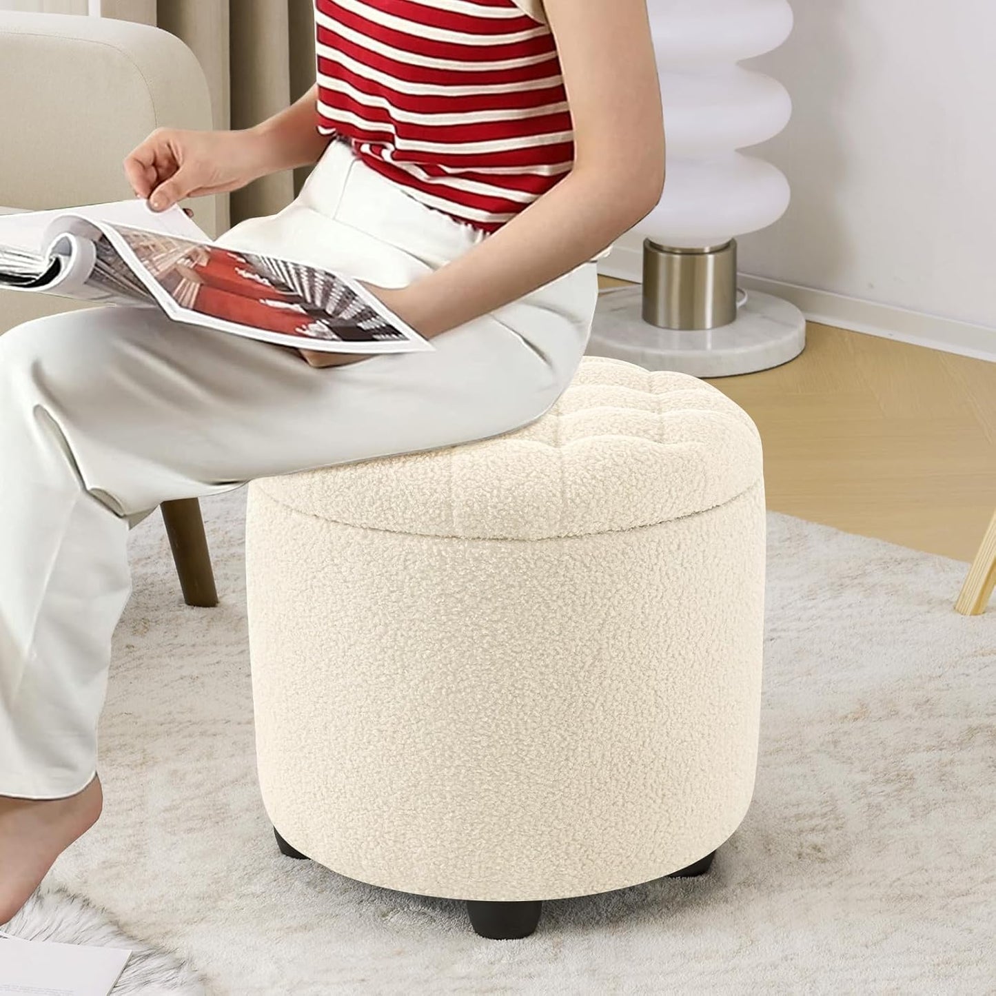Furniliving Modern Round Storage Ottoman,Button Tufted Ottoman Foot Stools Ottoman Footstool with Removable Lid Storage Ottomans for Living Room, Bedroom, Makeup Room,Sherpa, IvoryWhite