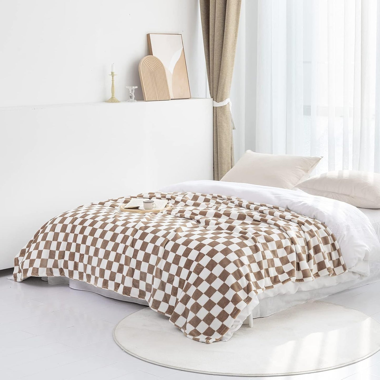 LOMAO Throw Blankets Flannel Blanket with Checkerboard Grid Pattern Soft Throw Blanket for Couch, Bed, Sofa Luxurious Warm and Cozy for All Seasons (Khaki, 60"x80")