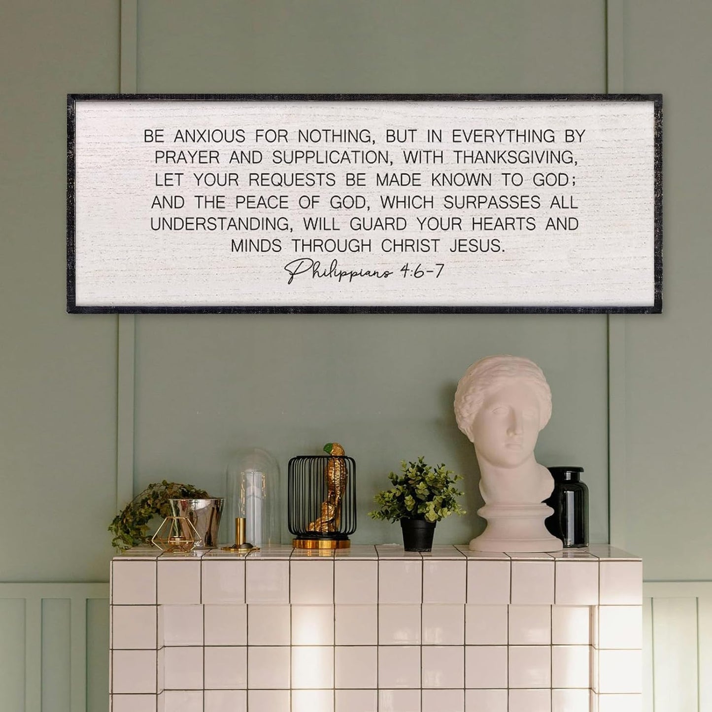 LuZhiQiang Be Anxious for Nothing Wall Decor 32"×12" Philippians 4:6-7 Bible Verse Sign Large Christian Scripture Wood Framed Hanging Decor (Black)
