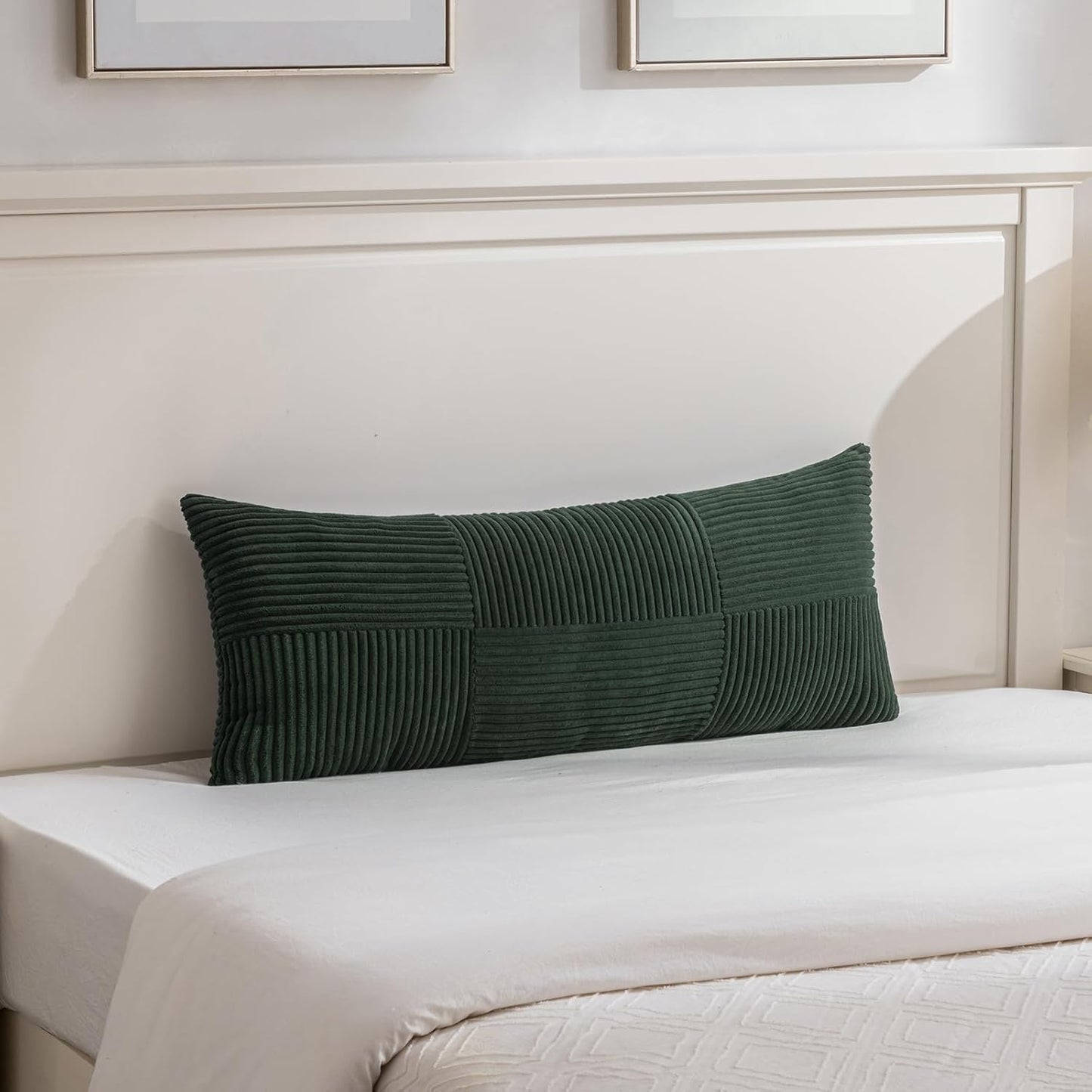 Fancy Homi Set of 2 Dark Green Boho Long Lumbar Body Decorative Throw Pillow Cover 14x36 Inch for Bed Couch Bedroom Bench, Soft Patchwork Corduroy Textured Pillow Case, Rustic Farmhouse Room Decor