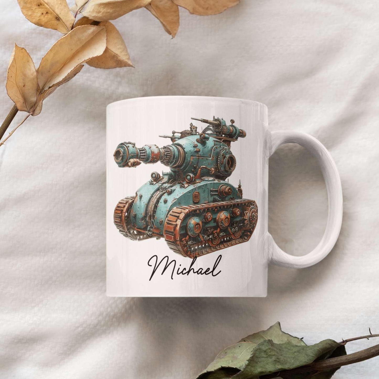 Personalized Unique Steampunk Tank Design Mug, Custom Mechanical Tank Art Coffee Cup 11oz, White Mug Gift For Mechanic Enthusiasts, Custom Name Ceramic Cup 11oz Or 15oz, Kids Mug