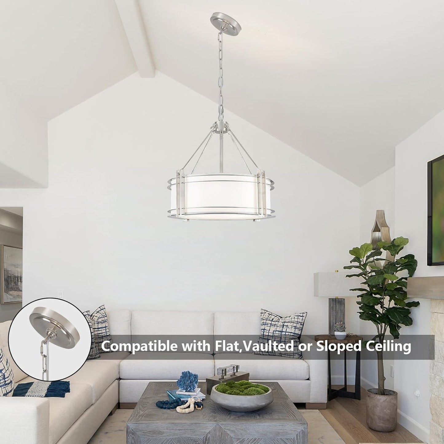 16.3''Drum Chandelier 3-Light Brushed Nickel Modern White Fabric Chandeliers Adjustable Drum Pendant Light for Dining Room Kitchen Island Hallway Living Bedroom