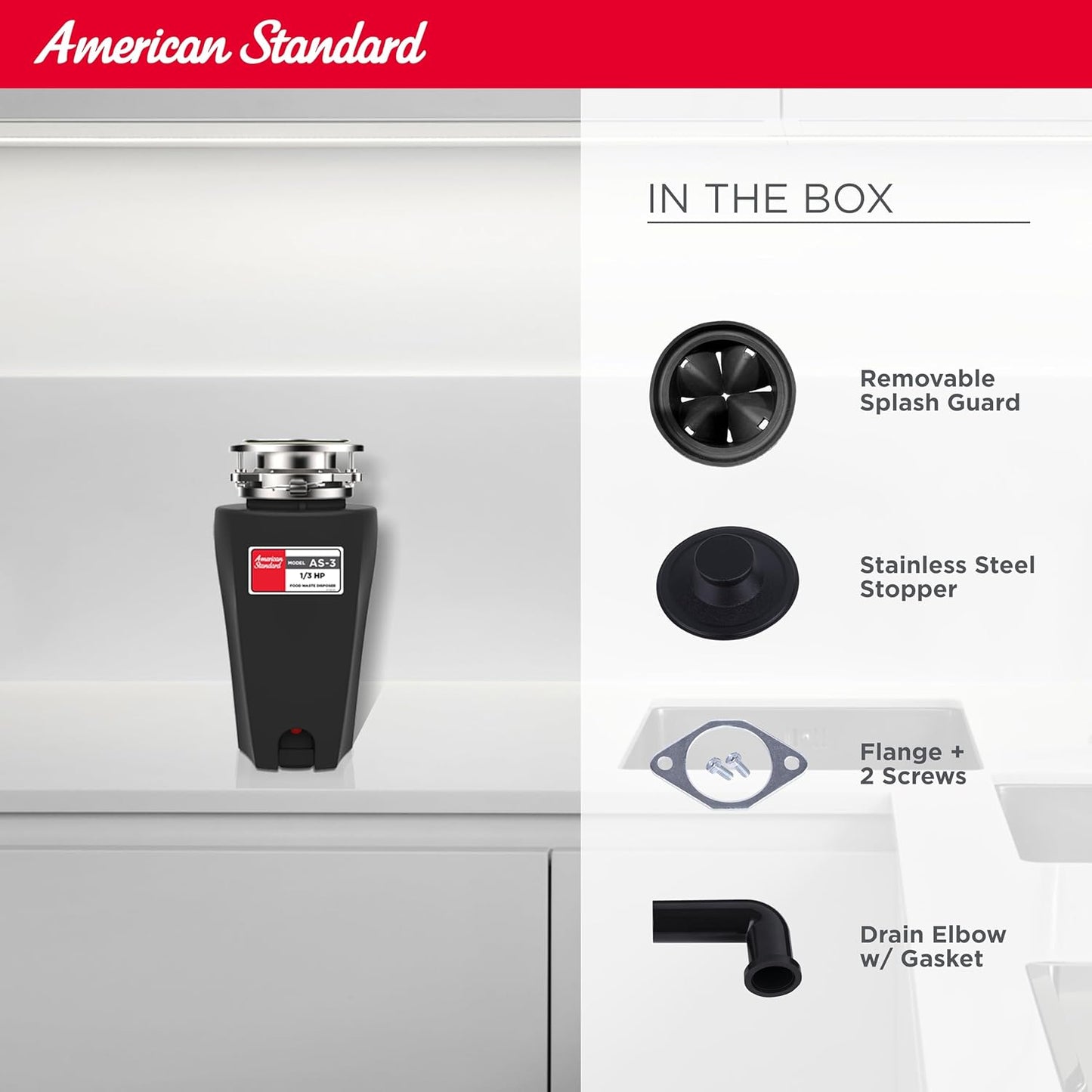 American Standard 10-US-AS-3 Garbage Disposal Anti-Jam Stainless Steel Food Waste Grinding System, Slim Line, 1/3 HP, Black
