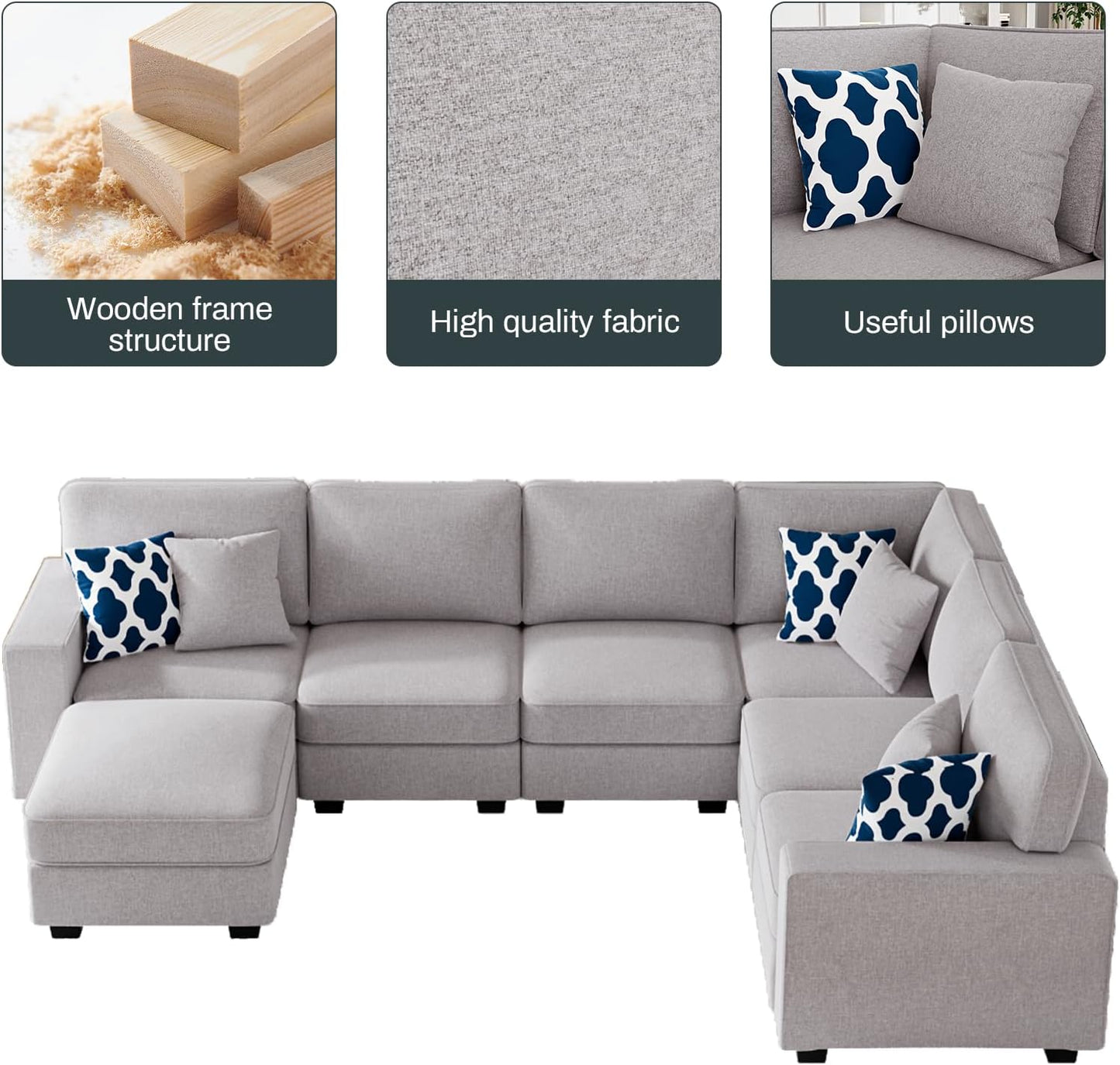 L Lengend Vansen Modular Sectional Sofa U Shaped Couch with Ottoman Modern Reversible Corner Sectional Couch for Living Room (Light Grey, U Shaped Sofa-2)