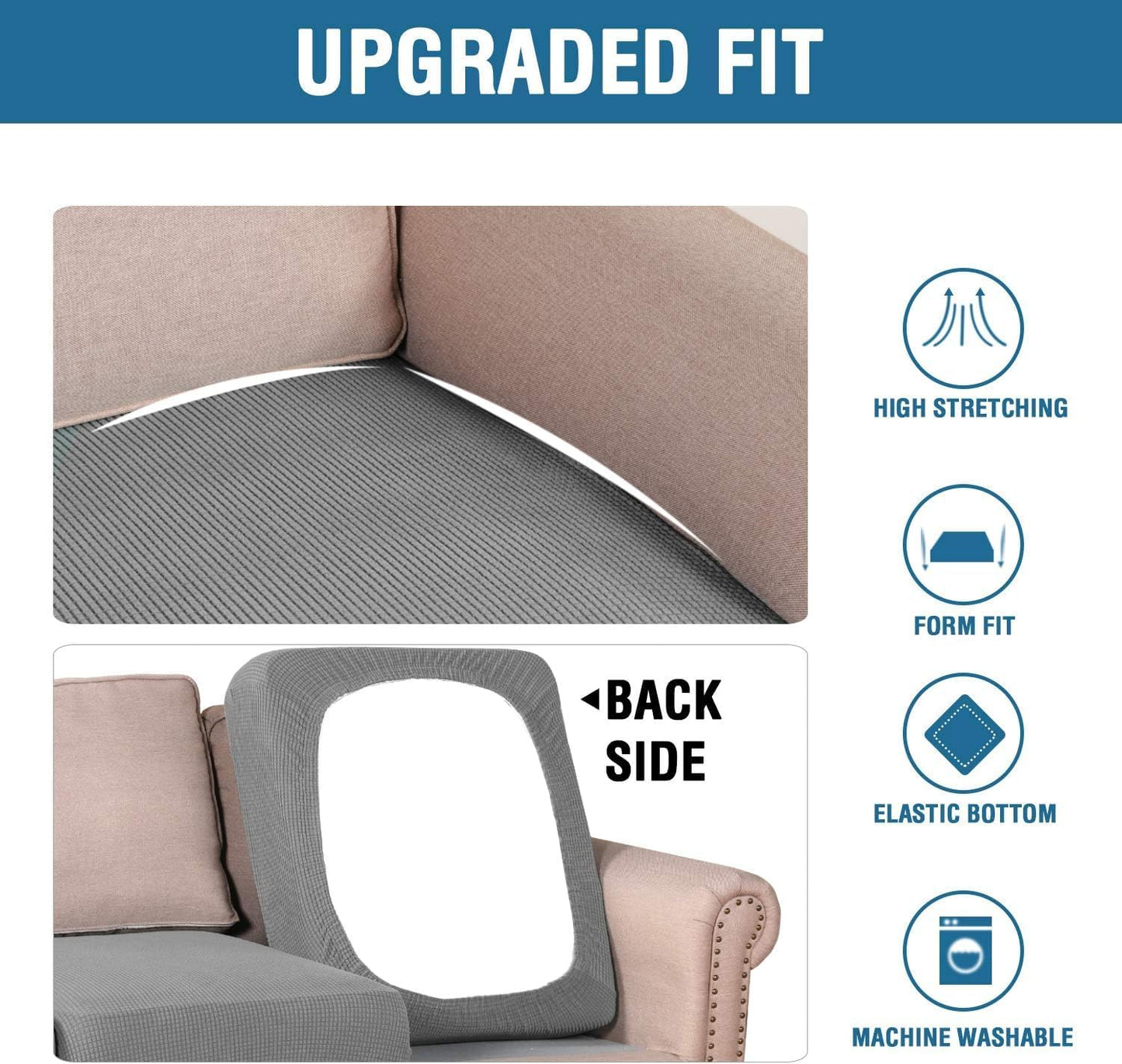 H.VERSAILTEX Super Stretch Individual Seat Cushion Covers - 3 Piece Sofa Cushion Covers in Dove, Thick Jacquard Textured Twill Fabric