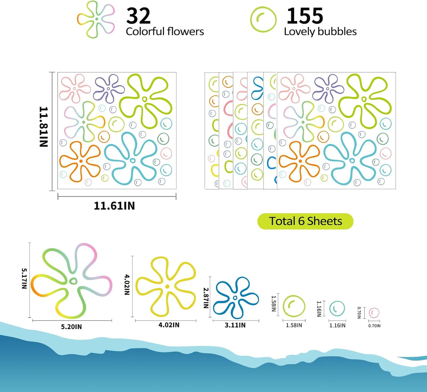 187PCS Flower Bubbles Wall Decals Under The Sea Birthday Party Decorations Ocean Wall Stickers Wall Decor for Bathroom Nursery Bedroom Home Classroom Car