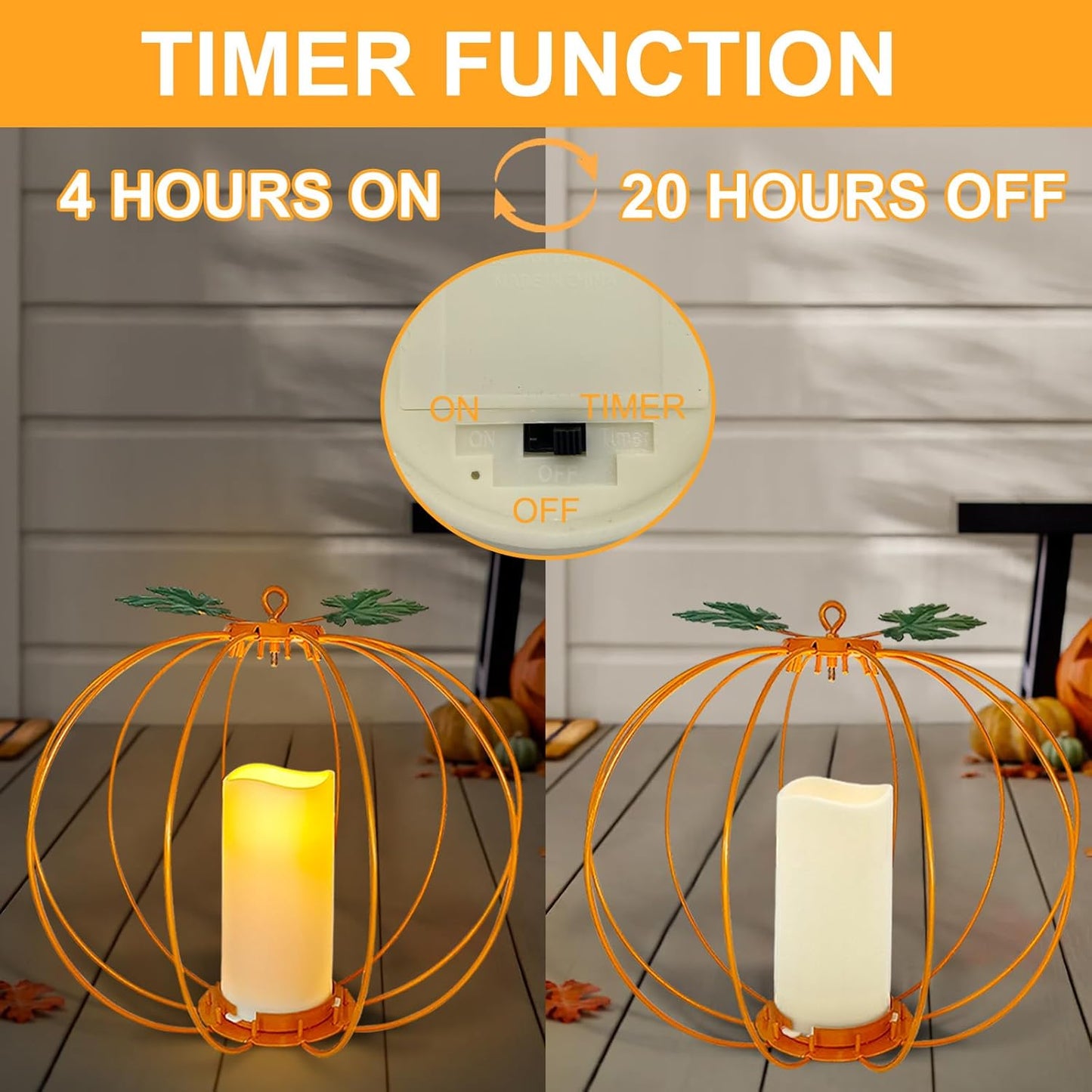 Halloween Metal Pumpkin Candle Holder, 3 Pcs Light up Orange Pumpkin Lantern with LED Flickering Yellow Candle Lights Build in Timer for Thanksgiving Halloween Harvest Fall Home Decor