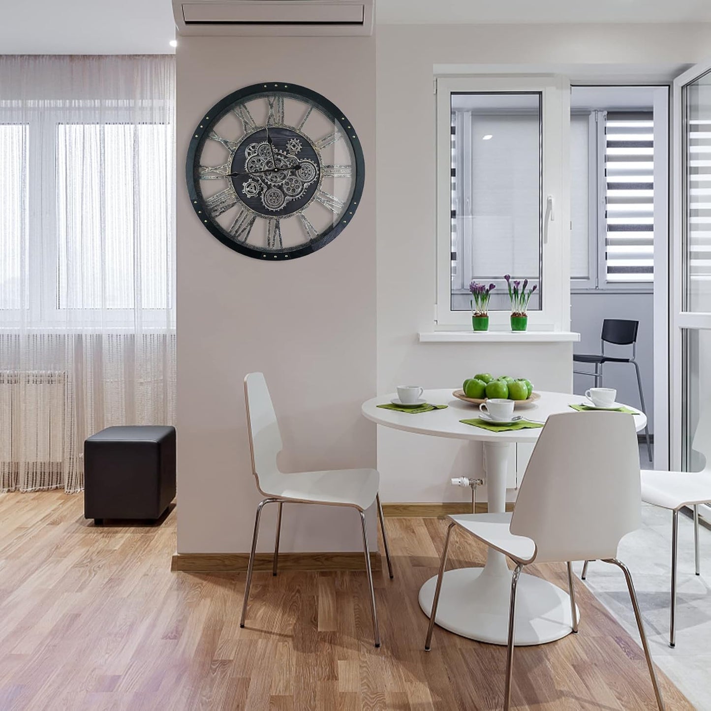 24 Inch Moving Gear Wall Clock, Oversized Wall Clocks, Clock Living Room Decor, Solid Wood Frame, Battery Operated, Large Wall Clock with Steampunk Industrial for Fireplace(Black)