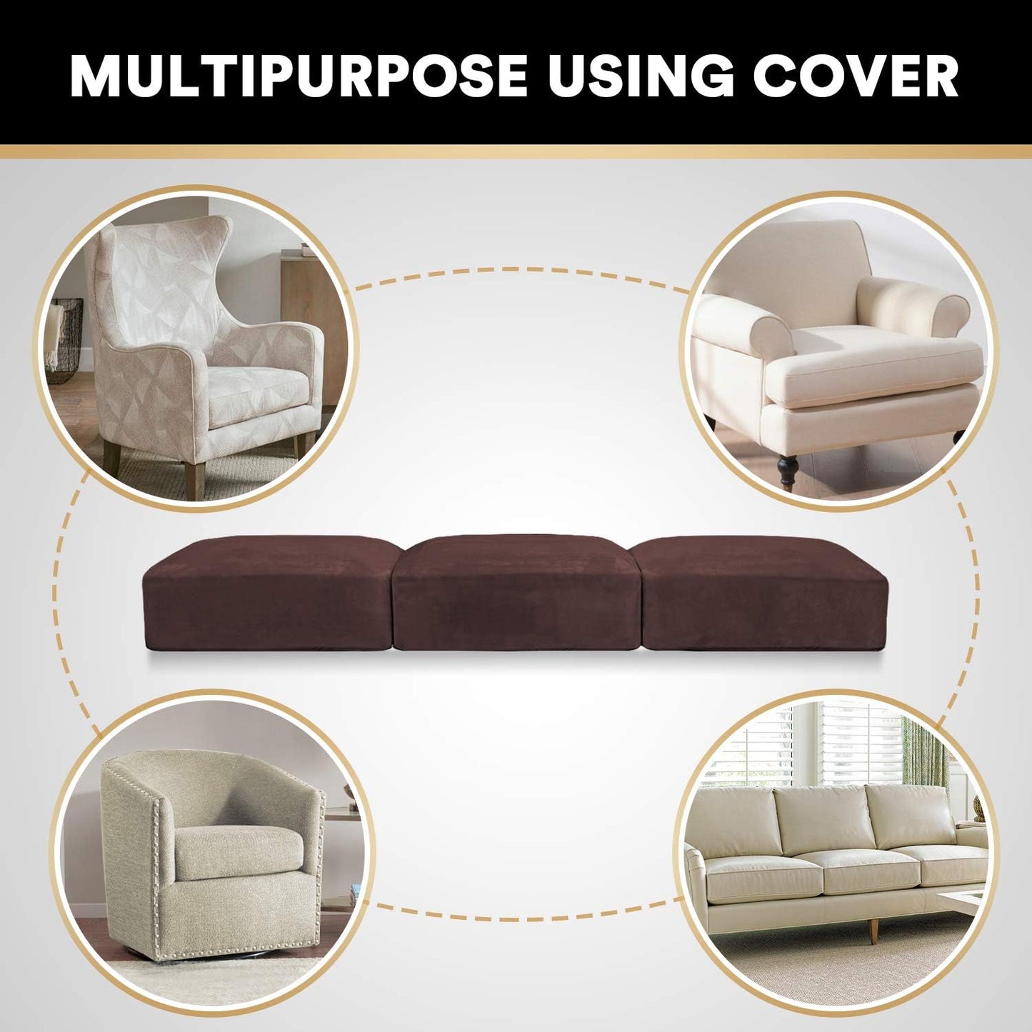 PrinceDeco Velvet Sofa Cushion Covers, Stretch Couch Cushion Covers for Individual Seat Couch Slipcover Sets Furniture Protector for Loveseat Sofa Cushion(Each Width Up to 29.5", Brown)