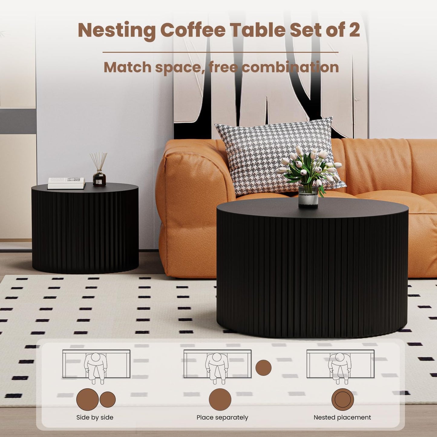 WXFKLDJ Round Nesting Coffee Table Set Cylindrical Wooden Coffee Table Sofa Center Table Circle Embossed Design Side Table for Living Room Apartment No Assembly (Round Black Small)