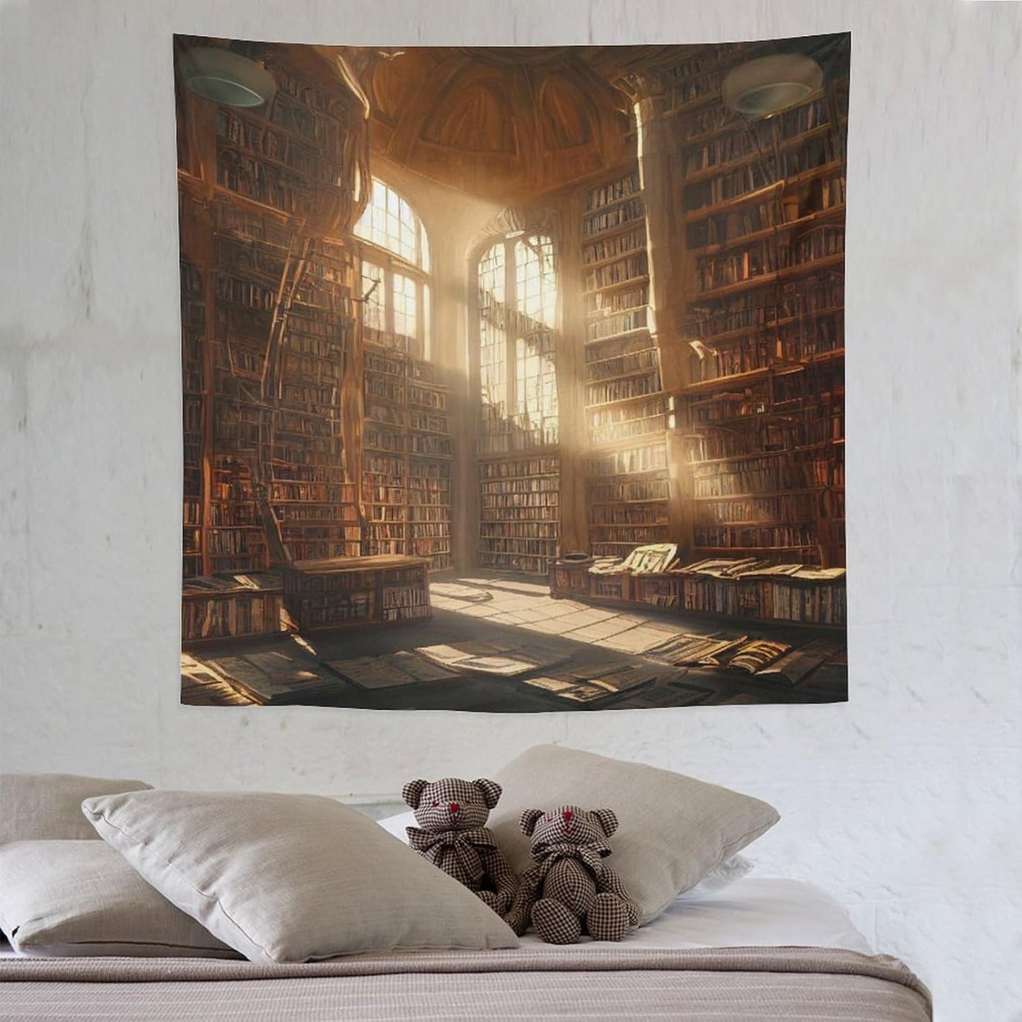 Kurtect Retro Bookshelf Tapestry,Medieval Mid Century Library Building Pattern Print Tapestries for Party Beach Picnic Blankets Tablecloths Living Room Wall Deocr, 60x60 in